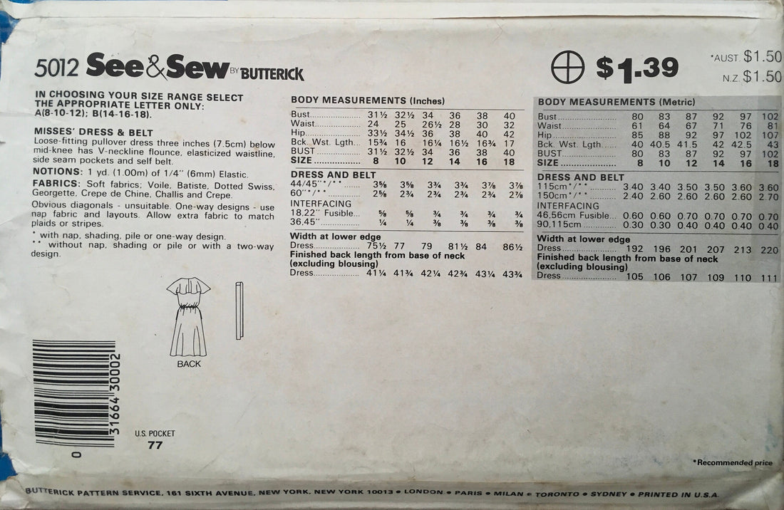See &amp; Sew 5012 Sewing Pattern (Vintage) UNCUT/CUT
