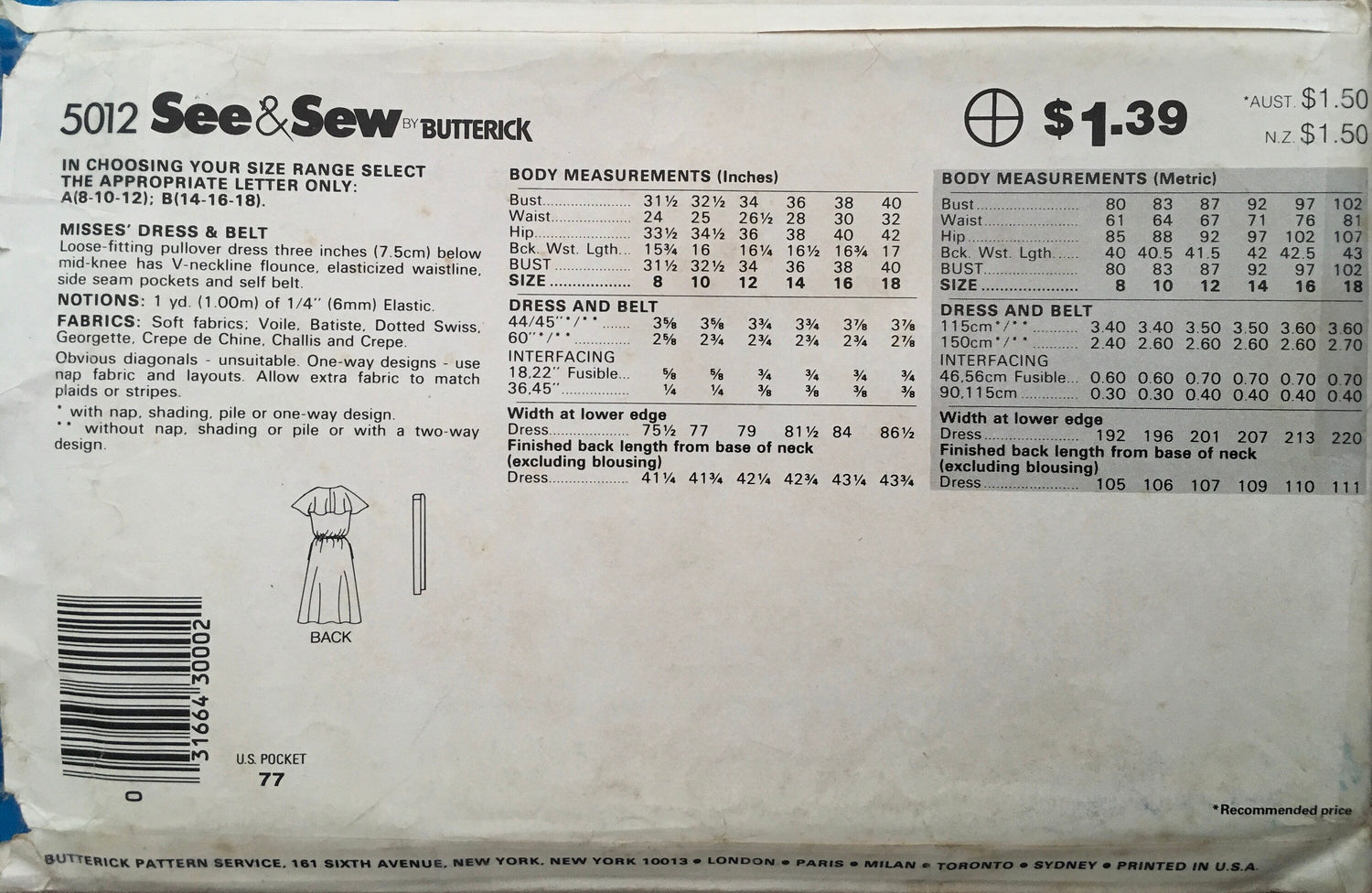 See &amp; Sew 5012 Sewing Pattern (Vintage) UNCUT/CUT
