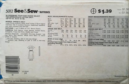 See &amp; Sew 5012 Sewing Pattern (Vintage) UNCUT/CUT
