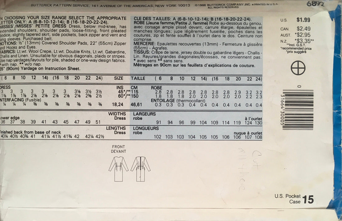 See &amp; Sew 6892 Sewing Pattern (Vintage) CUT