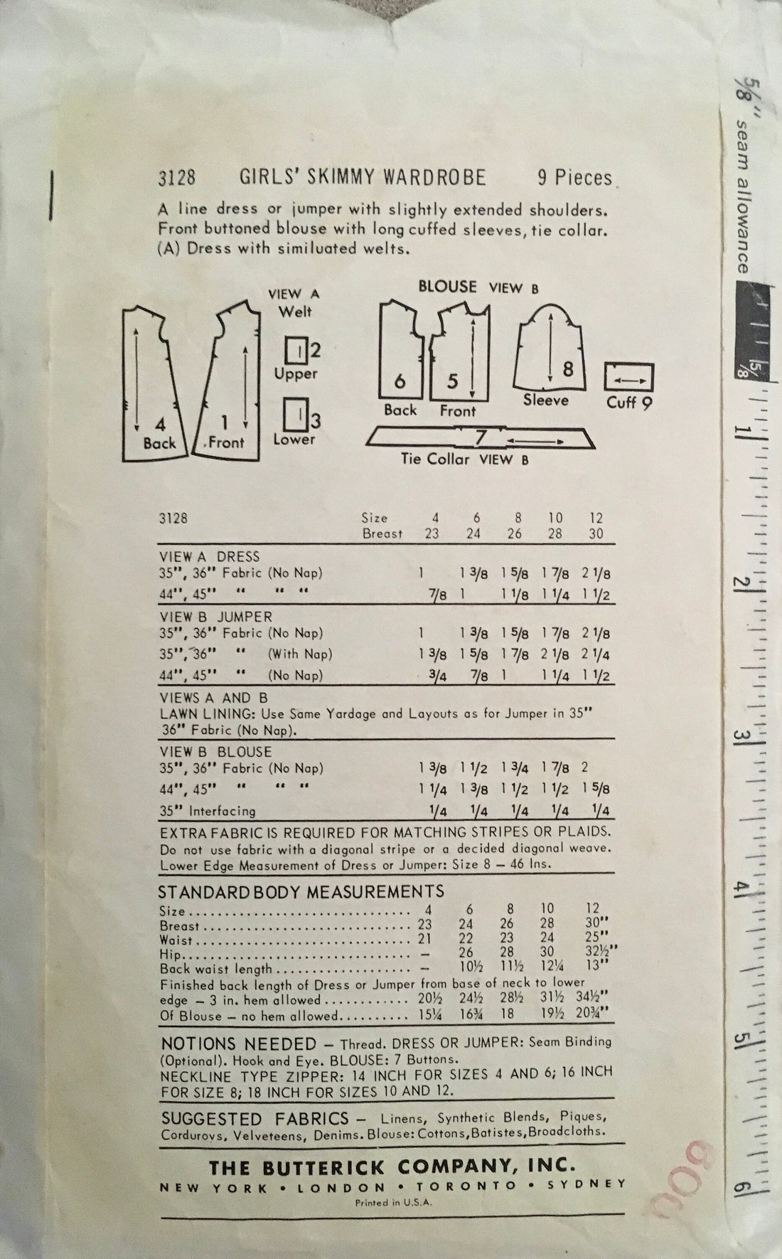 Butterick 3128 Sewing Pattern (Vintage) CUT