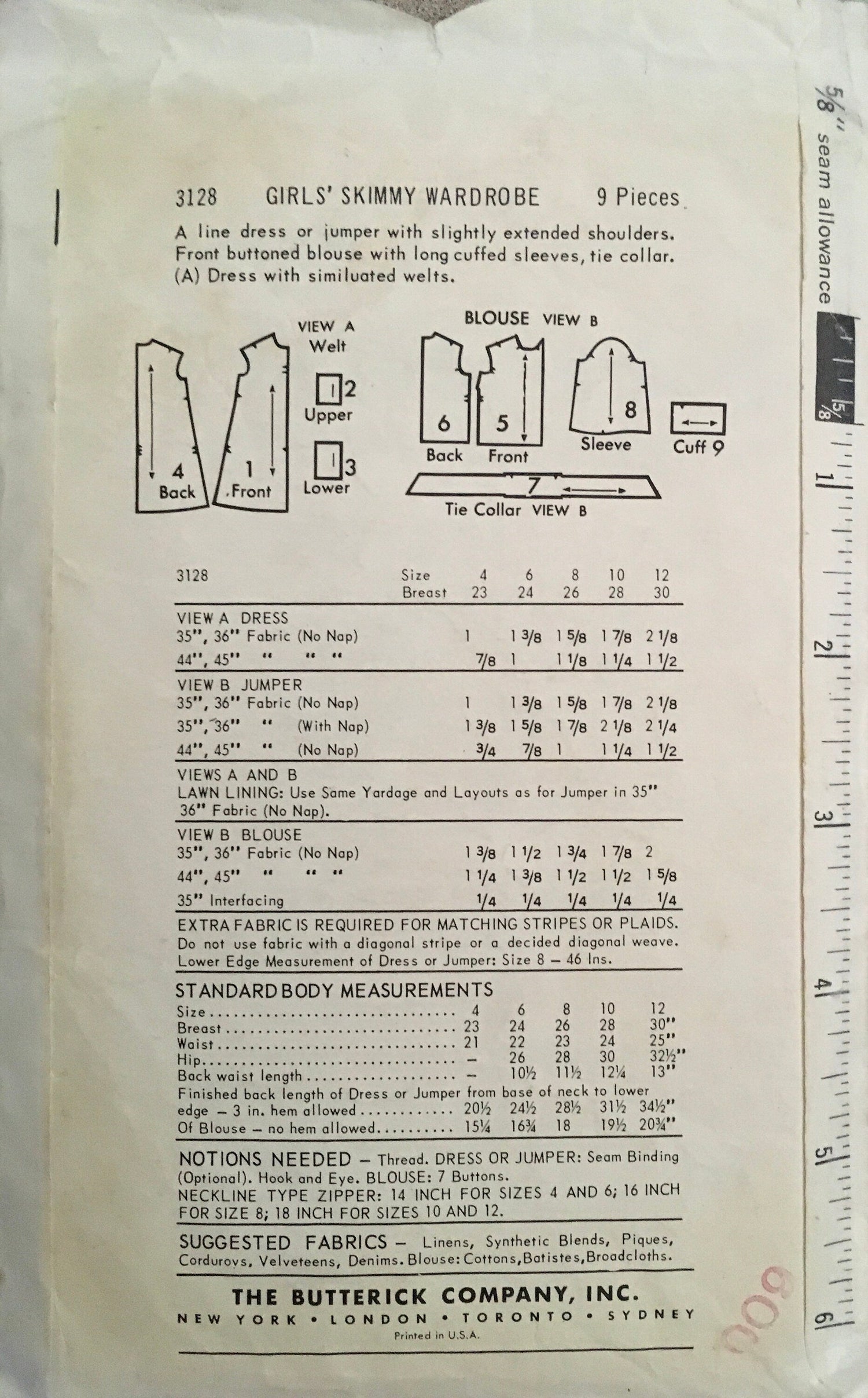 Butterick 3128 Sewing Pattern (Vintage) CUT