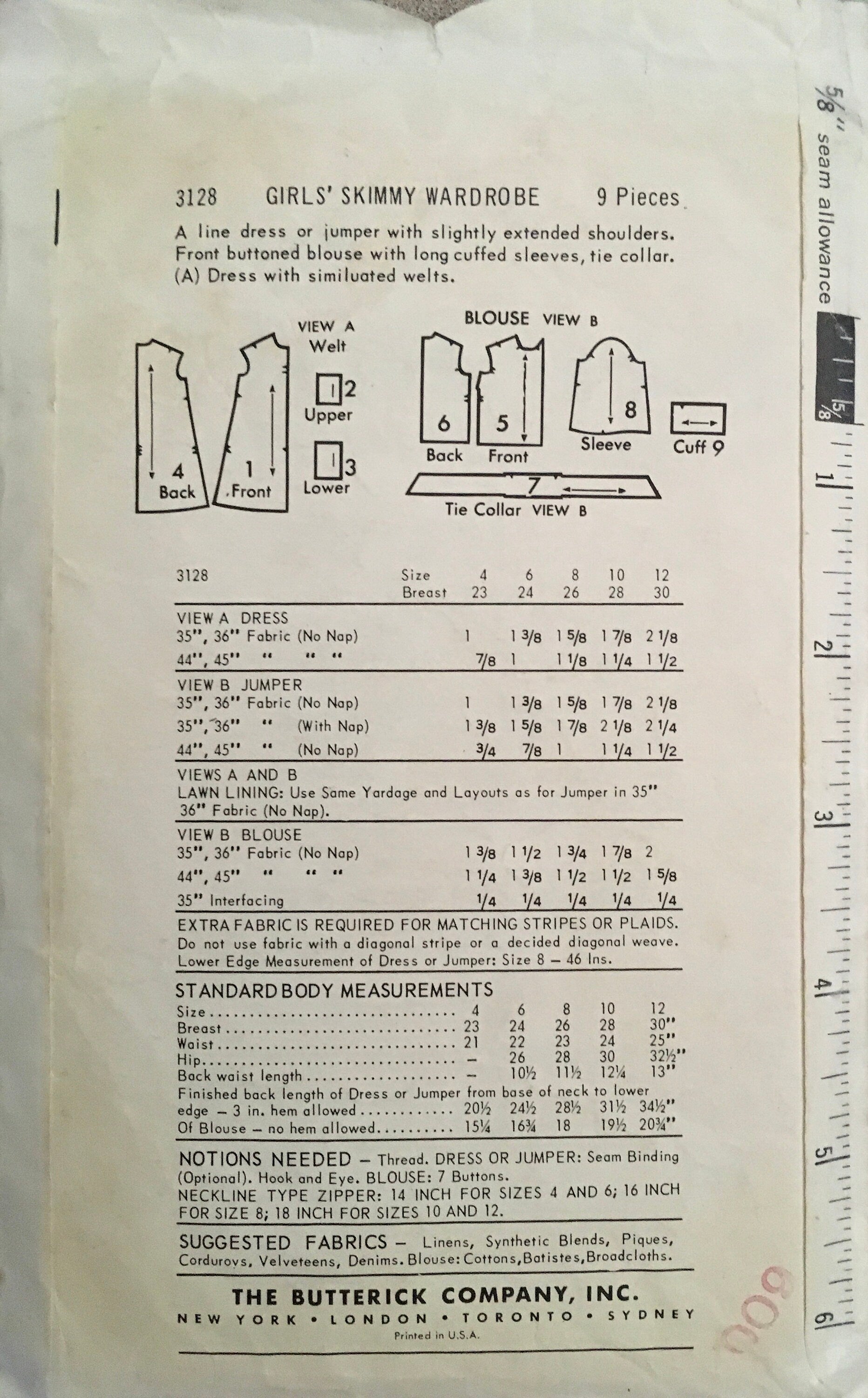 Butterick 3128 Sewing Pattern (Vintage) CUT