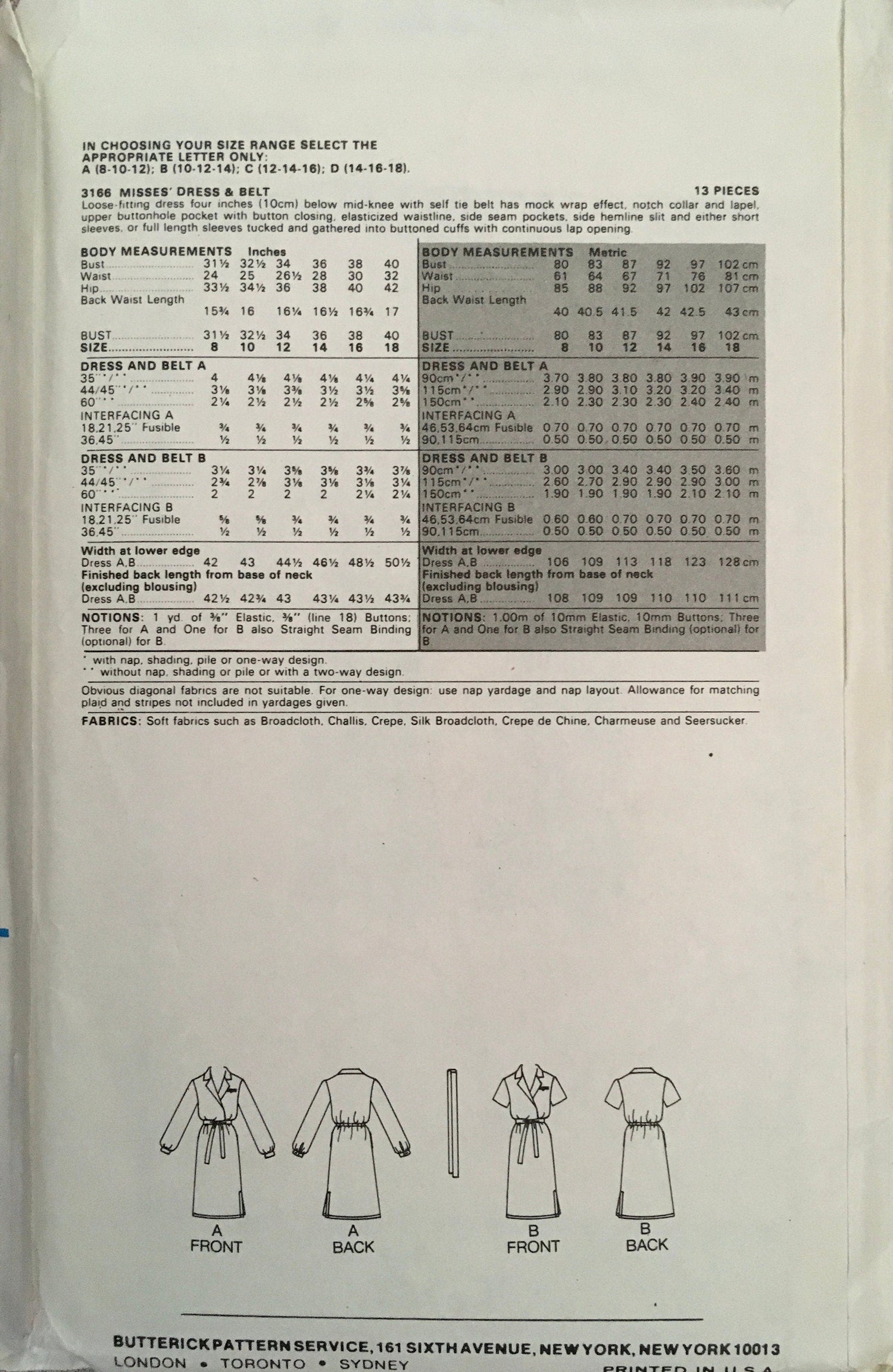 Butterick 3166 Sewing Pattern (Vintage) CUT