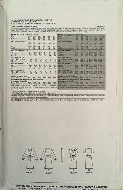 Butterick 3166 Sewing Pattern (Vintage) CUT