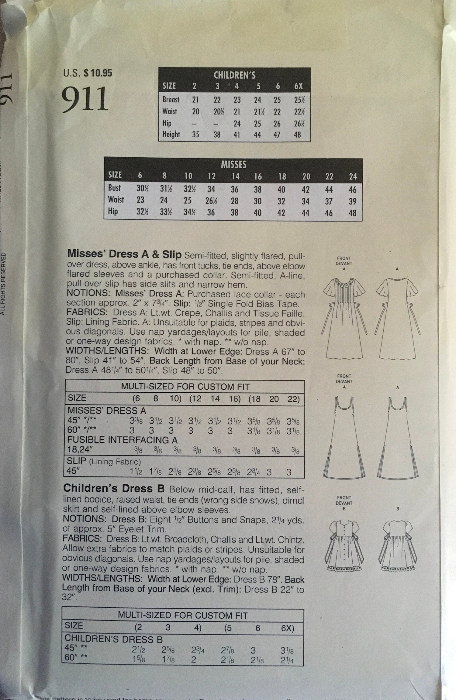 Butterick 911 Sewing Pattern (Vintage) UNCUT
