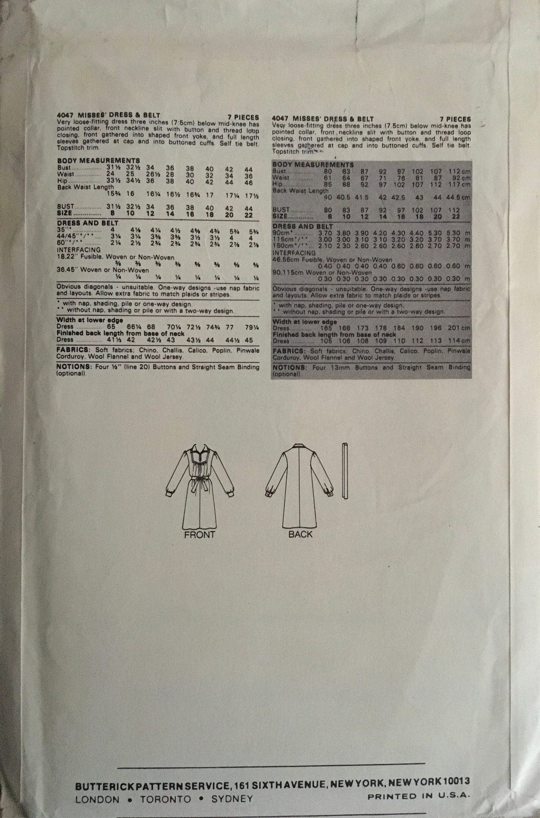 Butterick 4047 Sewing Pattern (Vintage) UNCUT
