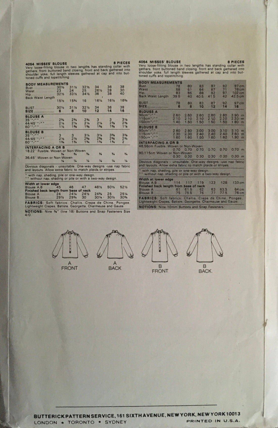 Butterick 4054 Sewing Pattern (Vintage) CUT