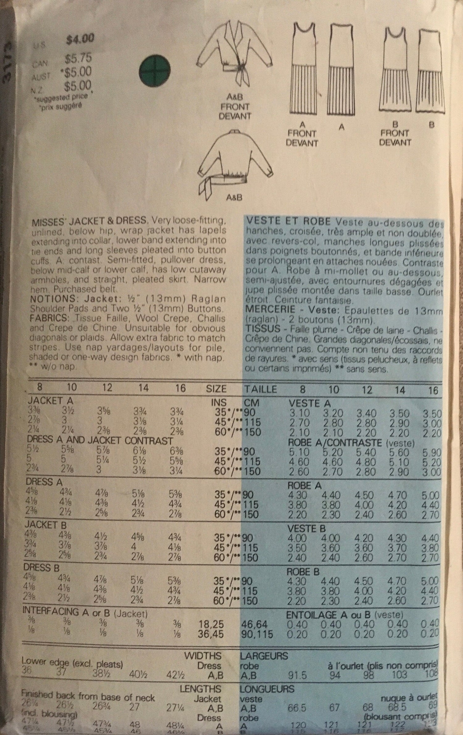 Butterick 3173  Sewing Pattern (Vintage) CUT