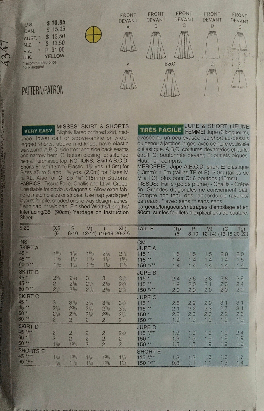 Butterick 4347 Sewing Pattern (Vintage) UNCUT/CUT
