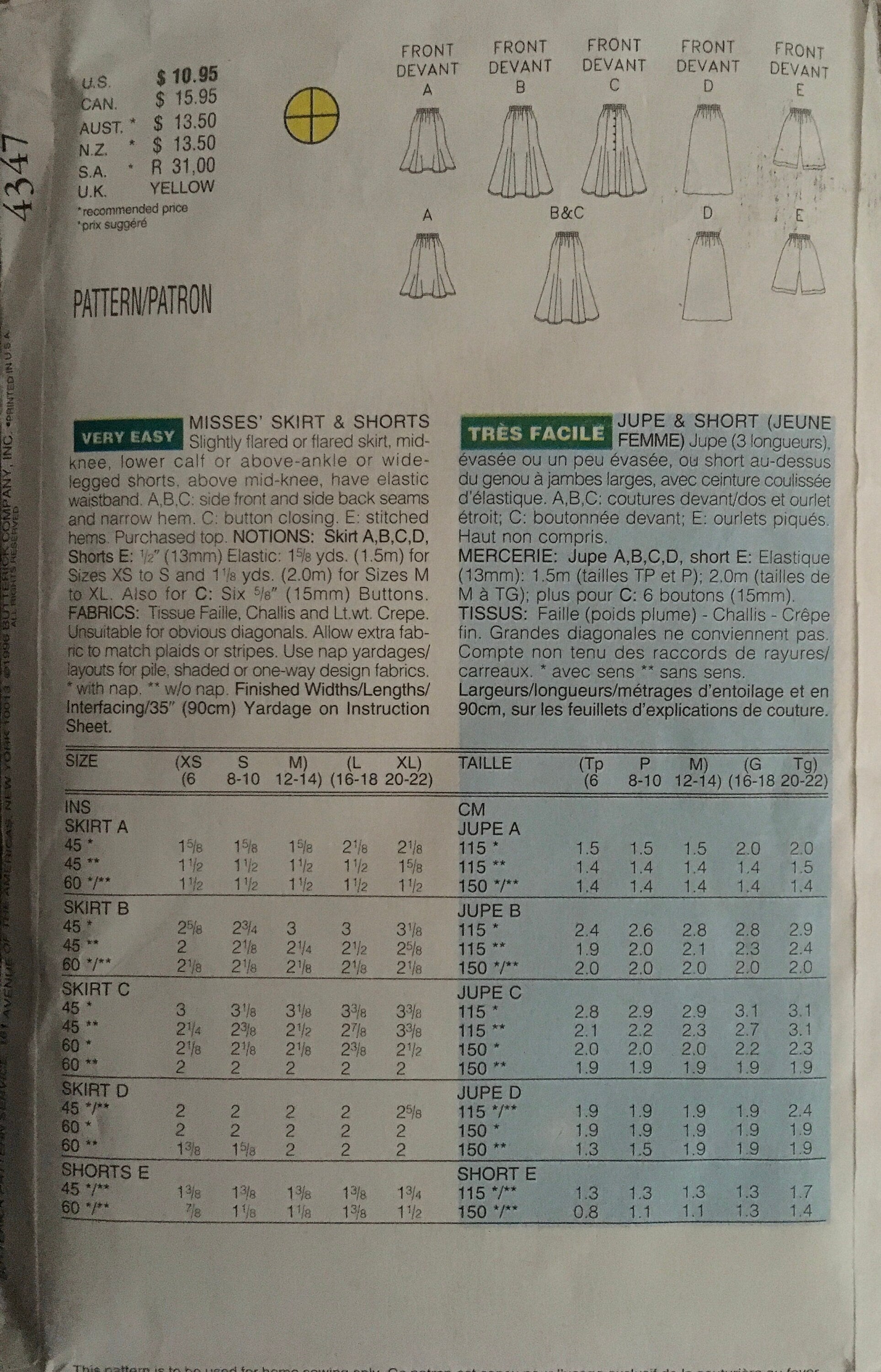 Butterick 4347 Sewing Pattern (Vintage) UNCUT/CUT