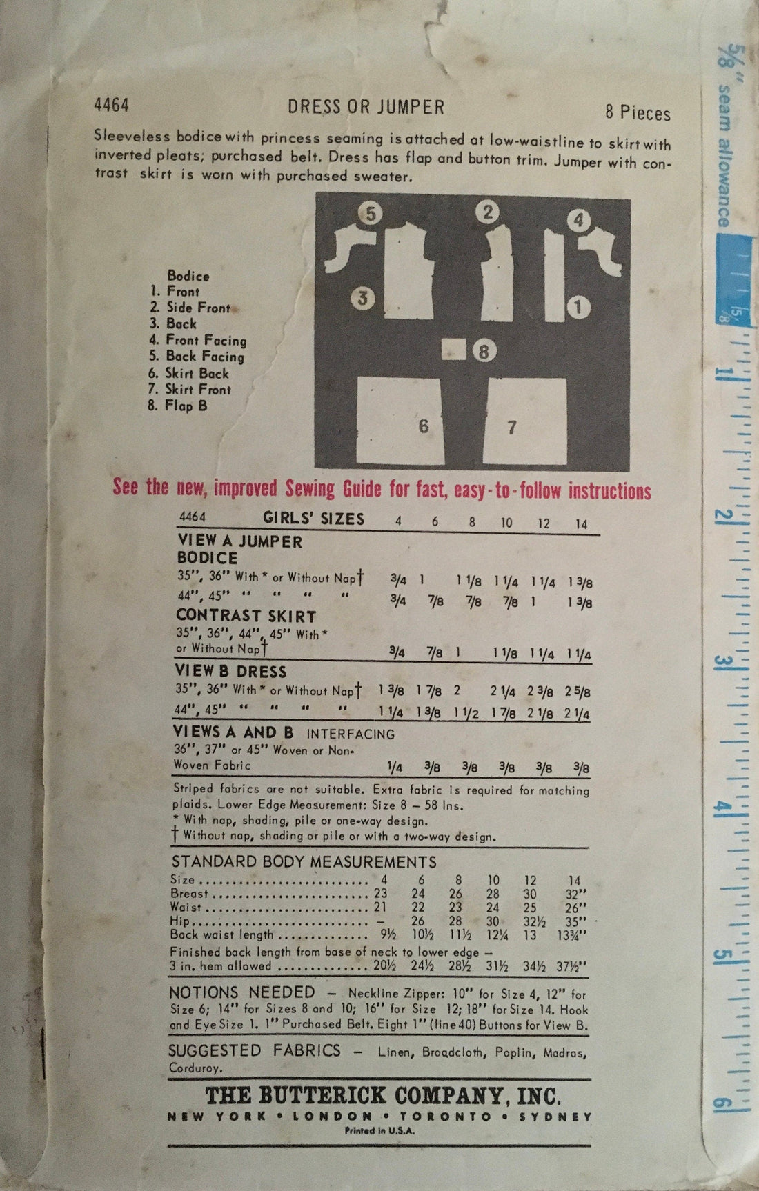 Butterick 4464 Sewing Pattern (Vintage) CUT