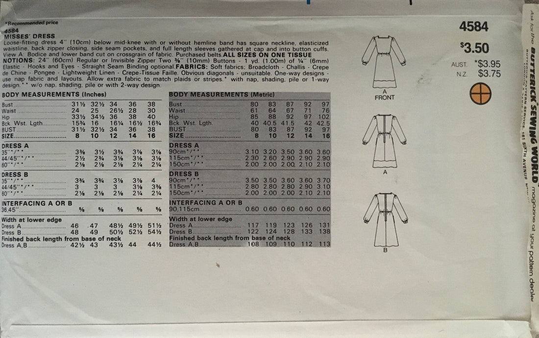 Butterick 4584 Sewing Pattern (Vintage) UNCUT