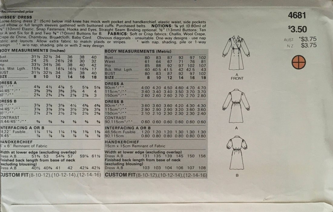 Butterick 4681 Sewing Pattern (Vintage) UNCUT