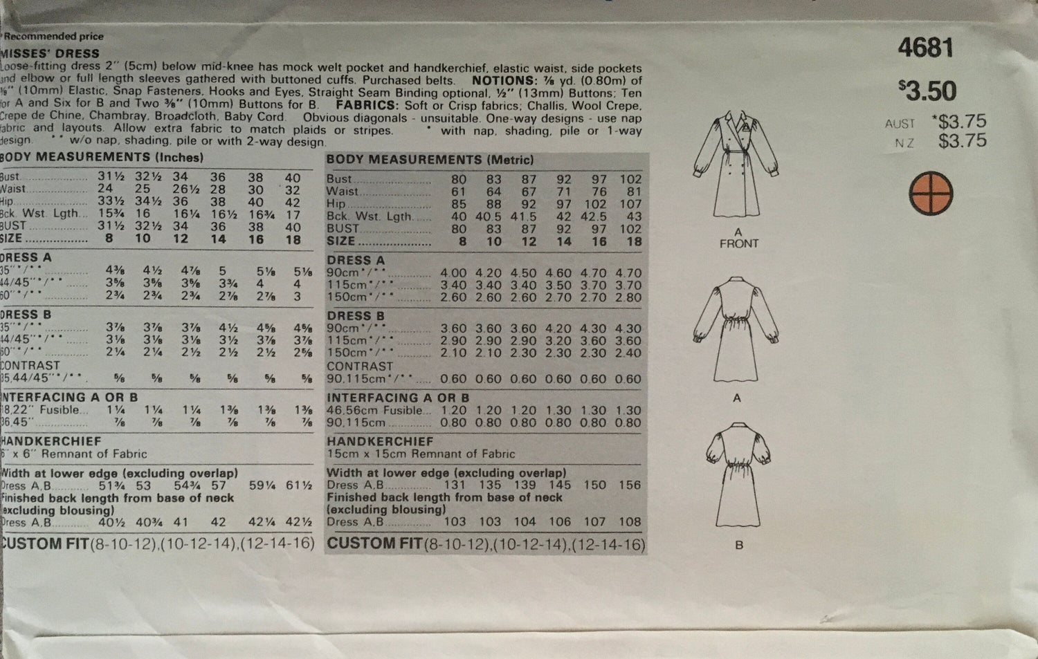 Butterick 4681 Sewing Pattern (Vintage) UNCUT