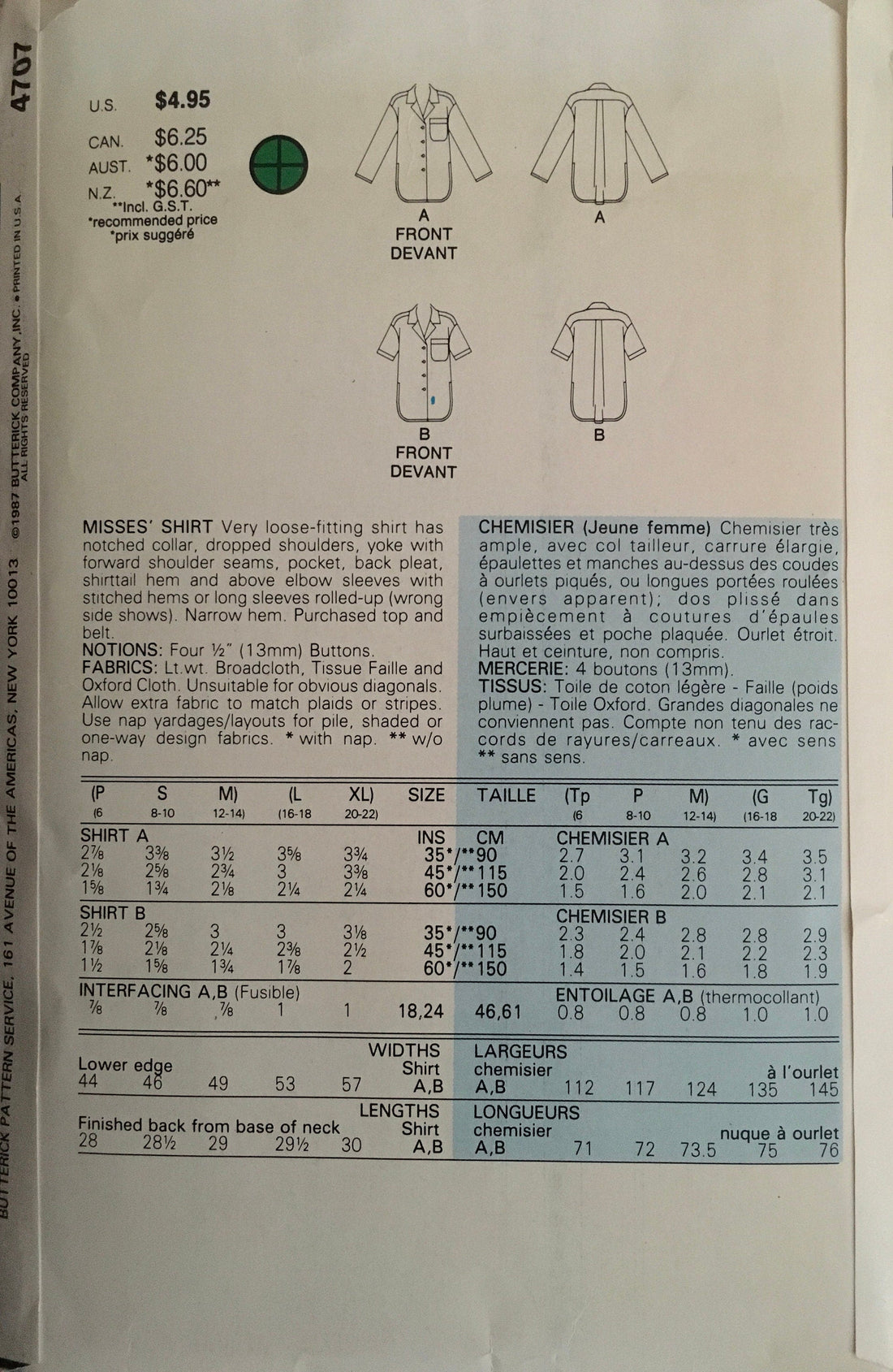 Butterick 4707 Sewing Pattern (Vintage) CUT