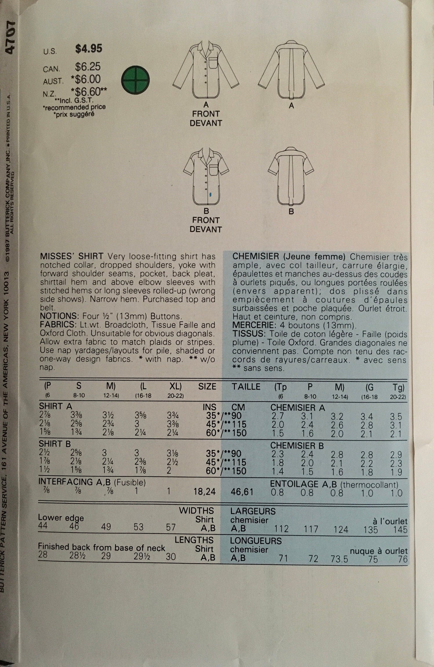 Butterick 4707 Sewing Pattern (Vintage) CUT