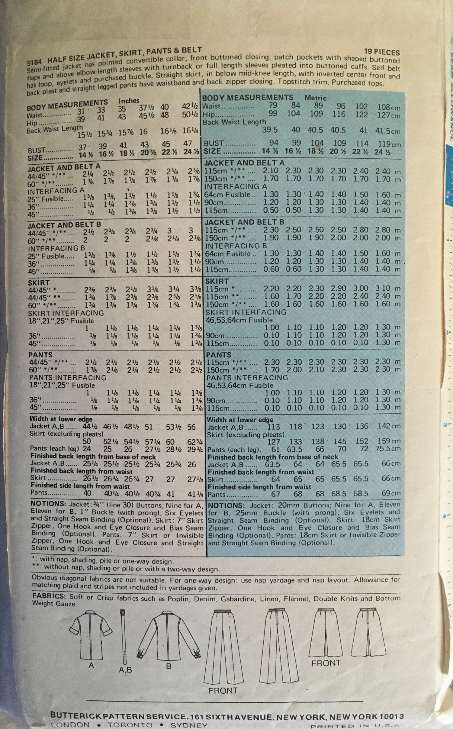 Butterick 5184 Sewing Pattern (Vintage) CUT