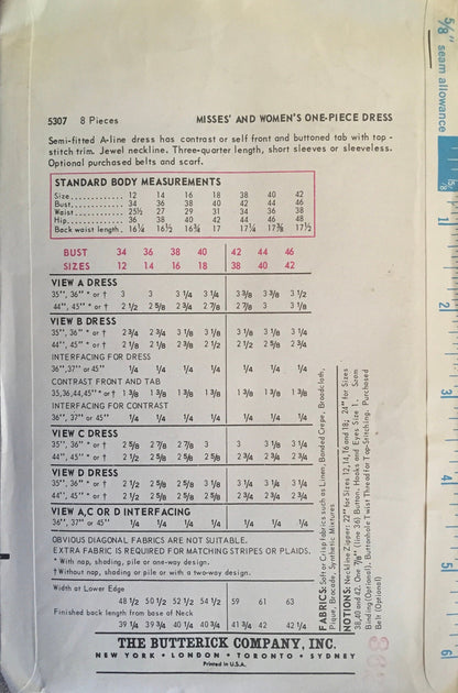Butterick 5307 Sewing Pattern (Vintage) UNCUT/CUT