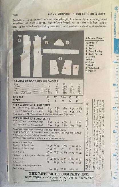 Butterick 5410 Sewing Pattern (Vintage) CUT