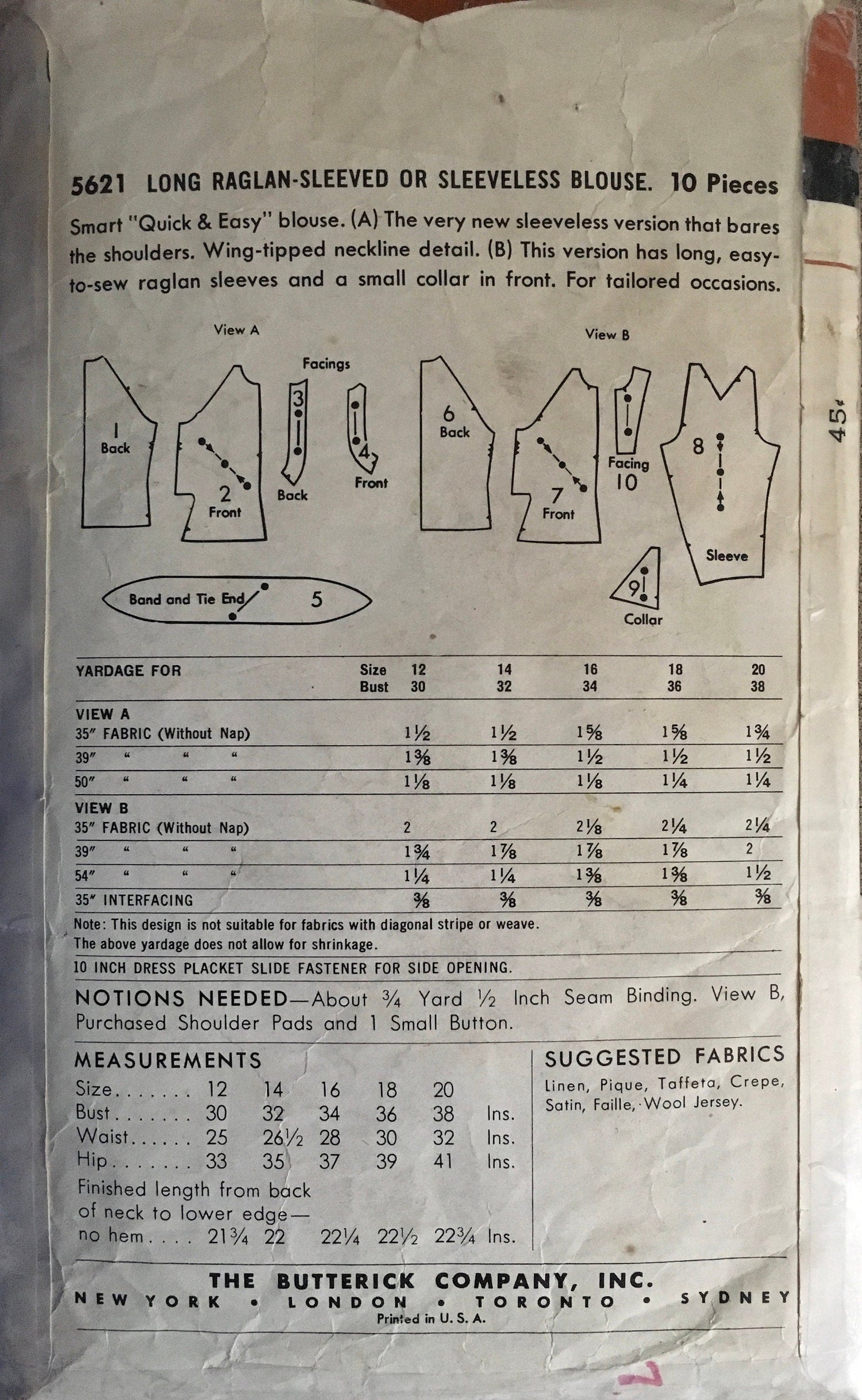 Butterick 5621 Sewing Pattern (Vintage) CUT
