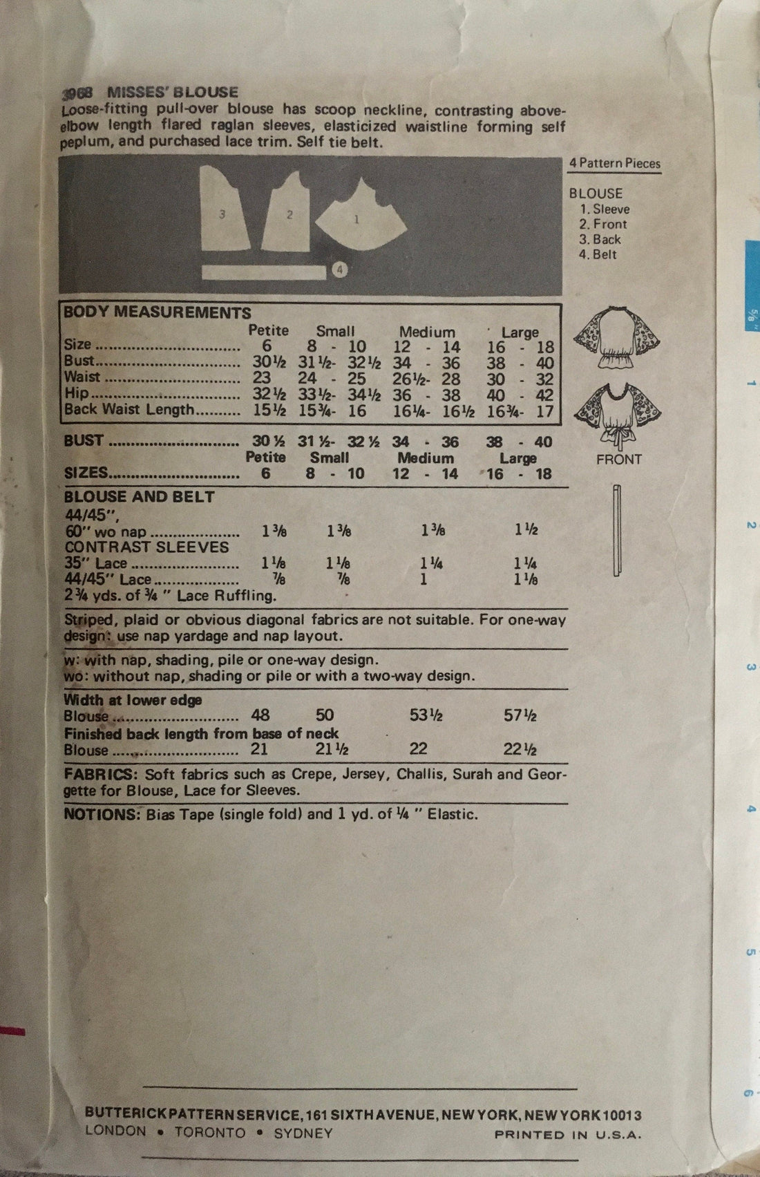 Butterick 3968 Sewing Pattern (Vintage) CUT