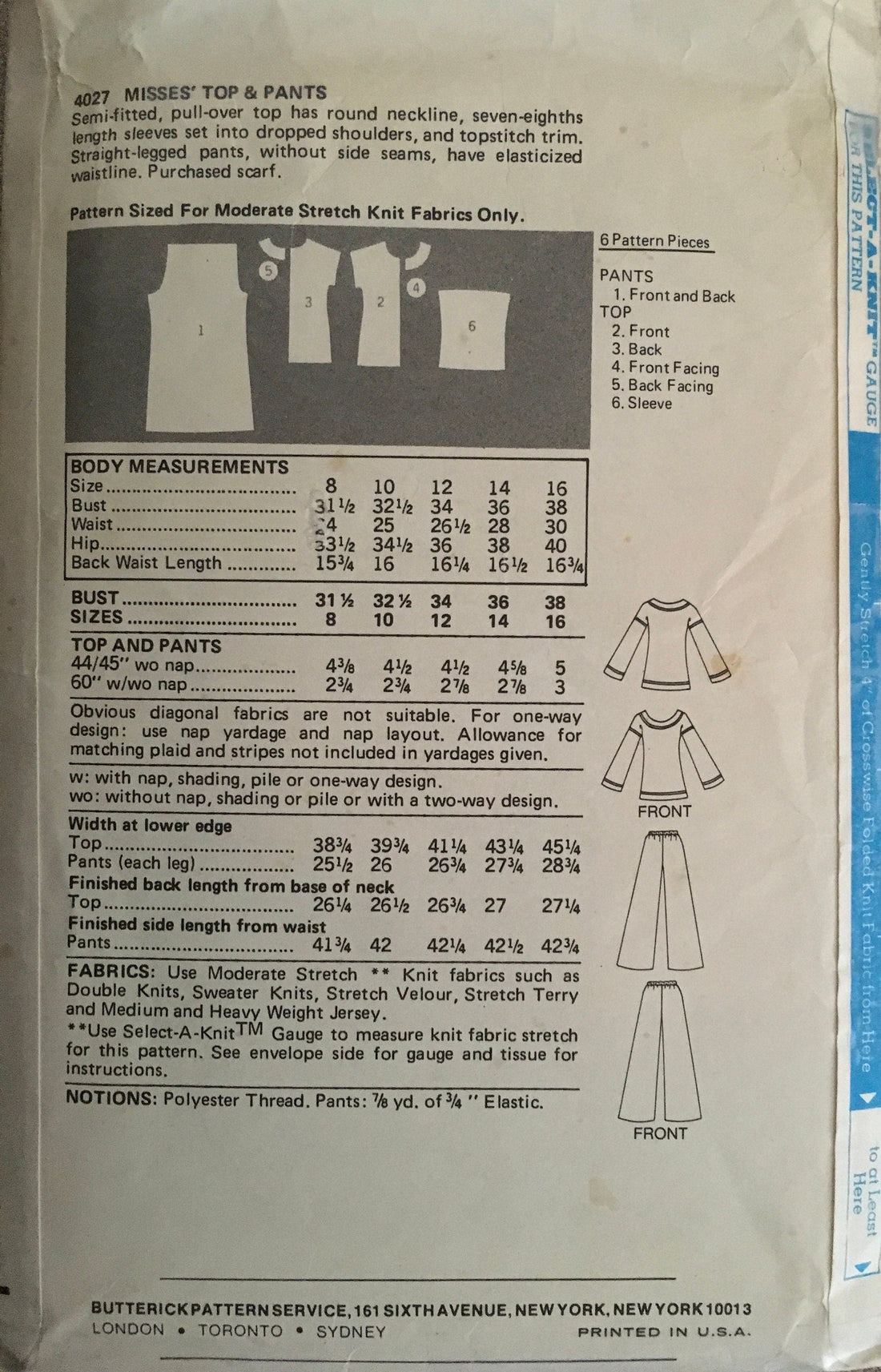 Butterick 4027 Sewing Pattern (Vintage) CUT