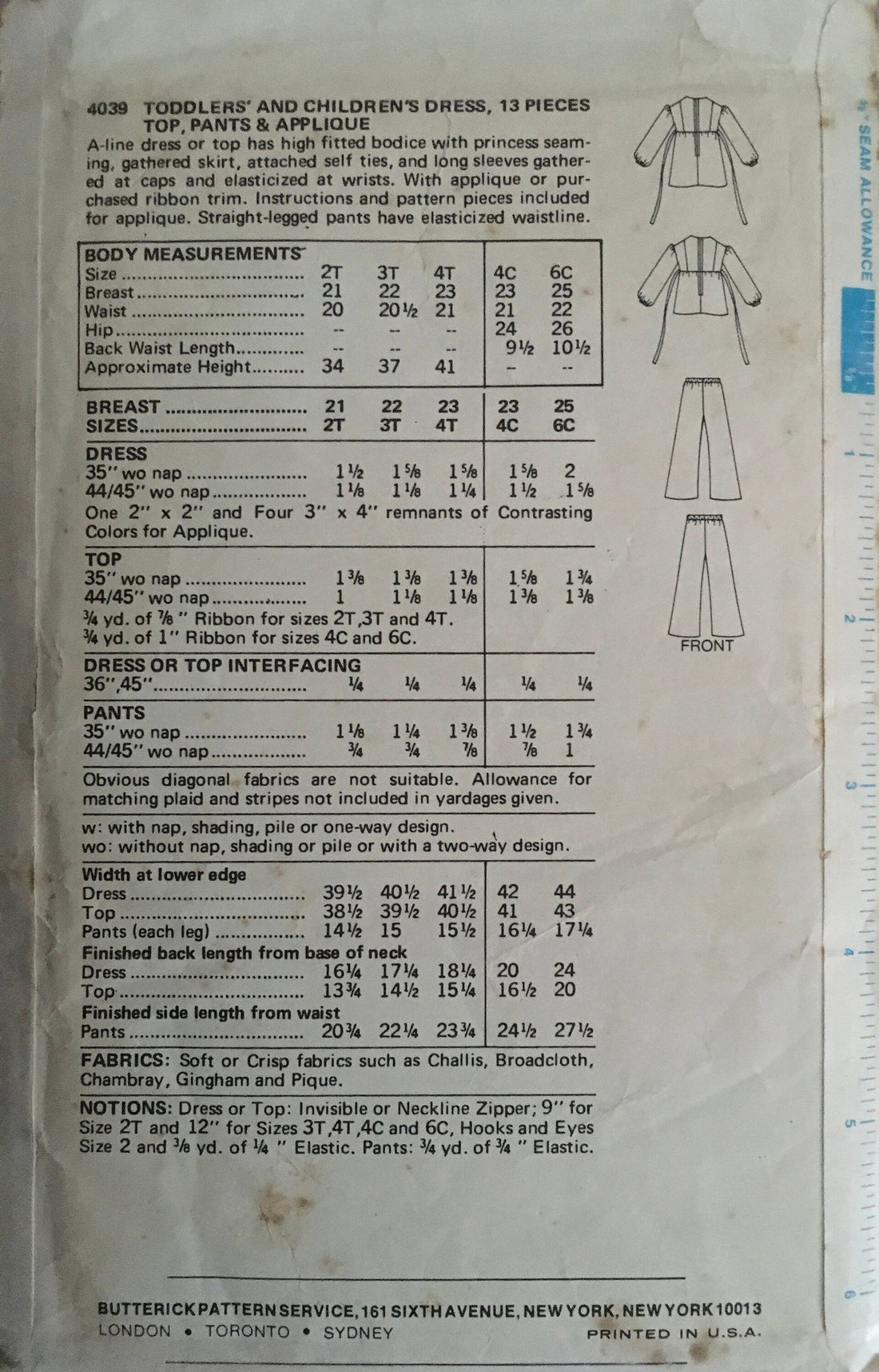 Butterick 4039 Sewing Pattern (Vintage) CUT