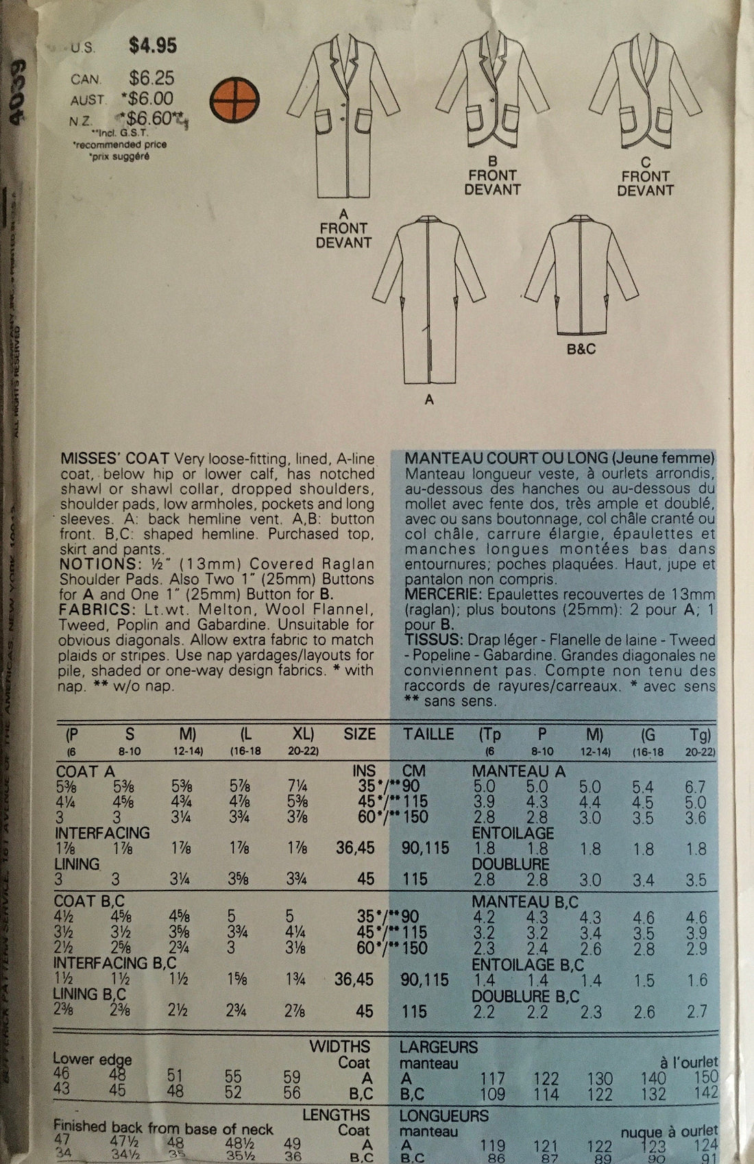 Butterick 4039 Sewing Pattern (Vintage) UNCUT
