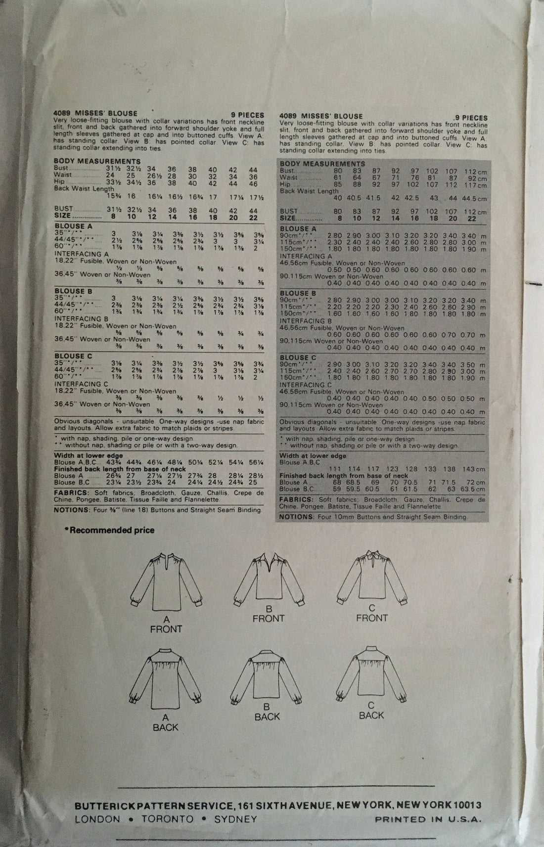Butterick 4089 Sewing Pattern (Vintage) CUT