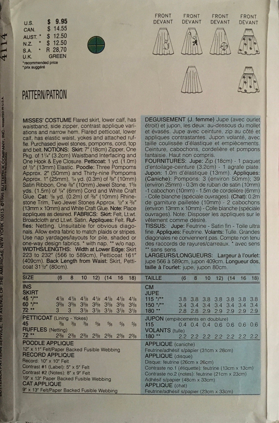 Butterick 4114 Sewing Pattern (Vintage) CUT