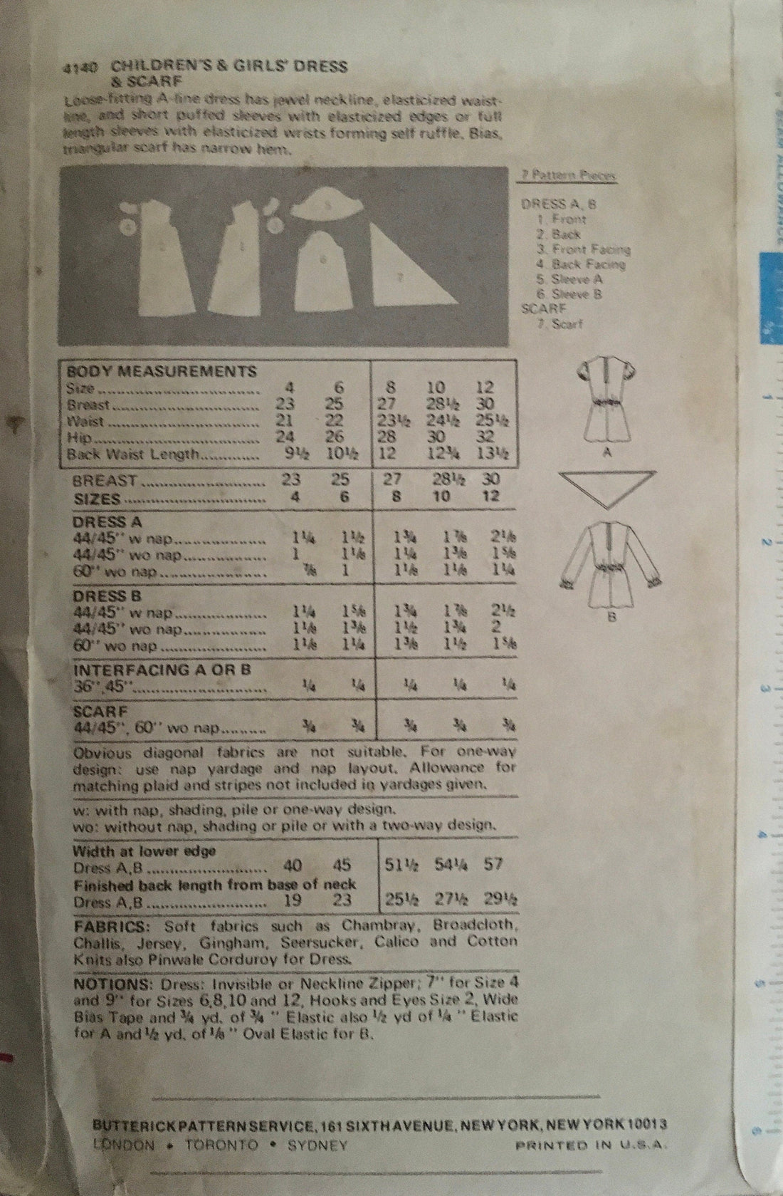 Butterick 4140 Sewing Pattern (Vintage) CUT