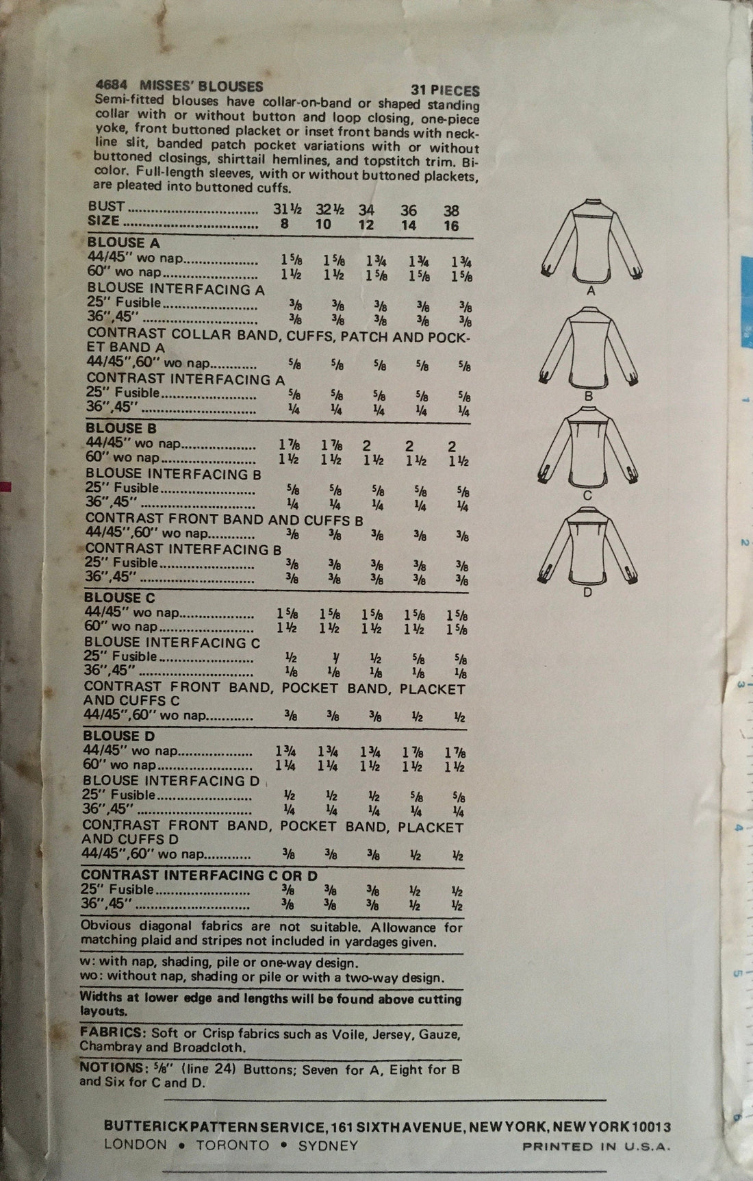 Butterick 4684 Sewing Pattern (Vintage) UNCUT