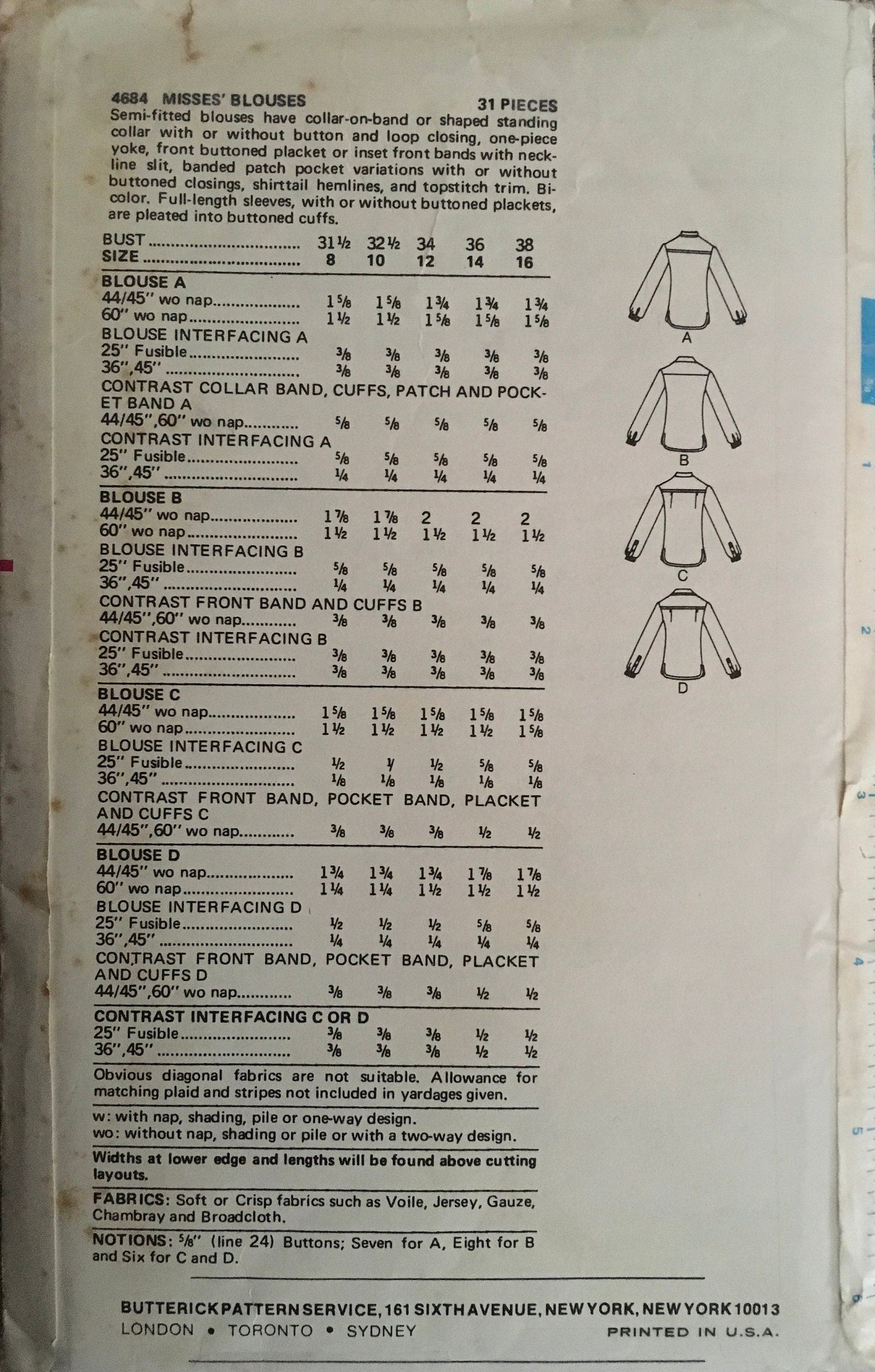 Butterick 4684 Sewing Pattern (Vintage) UNCUT