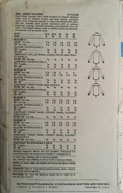 Butterick 4684 Sewing Pattern (Vintage) UNCUT