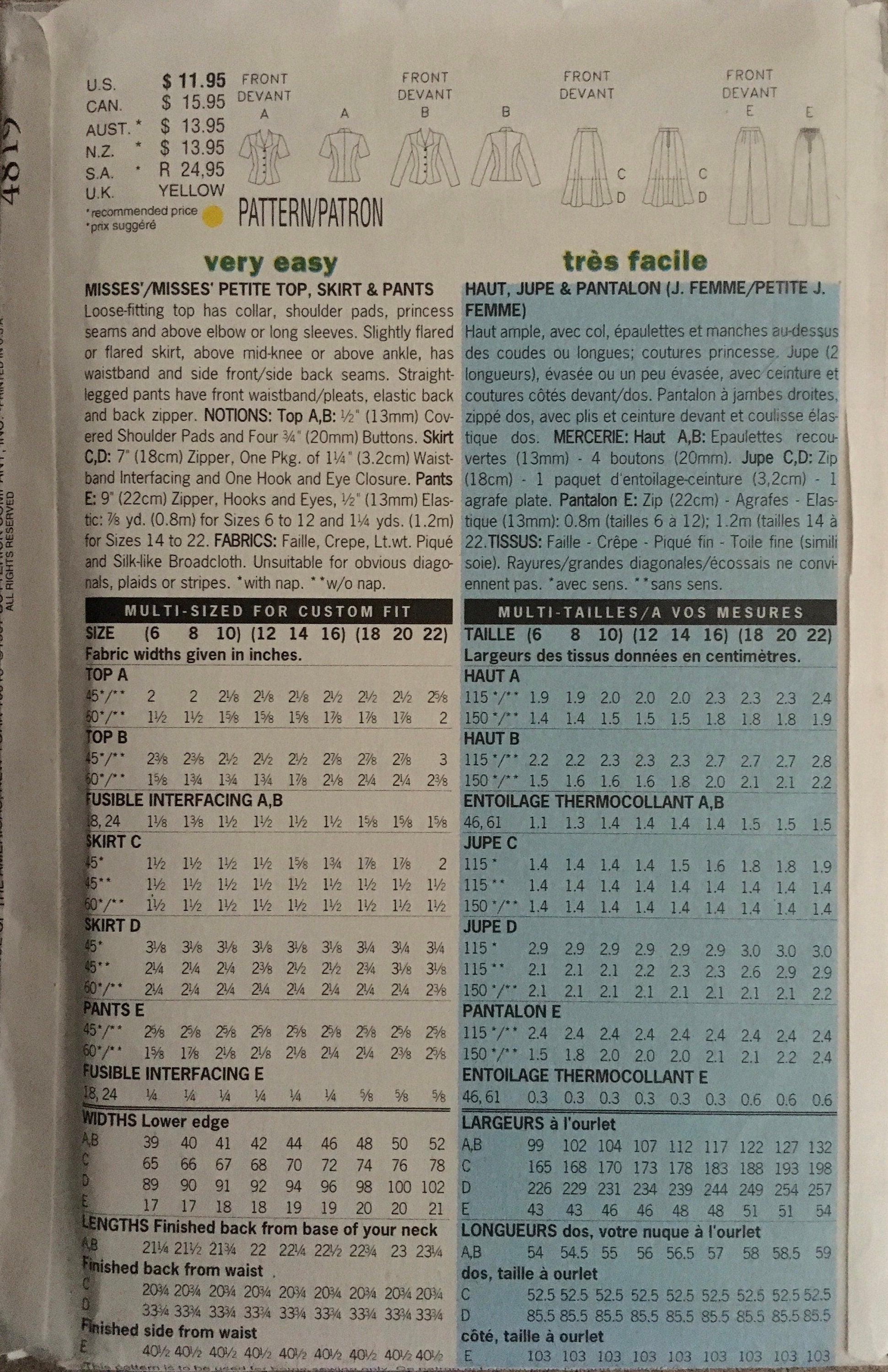 Butterick 4819 Sewing Pattern (Vintage) UNCUT