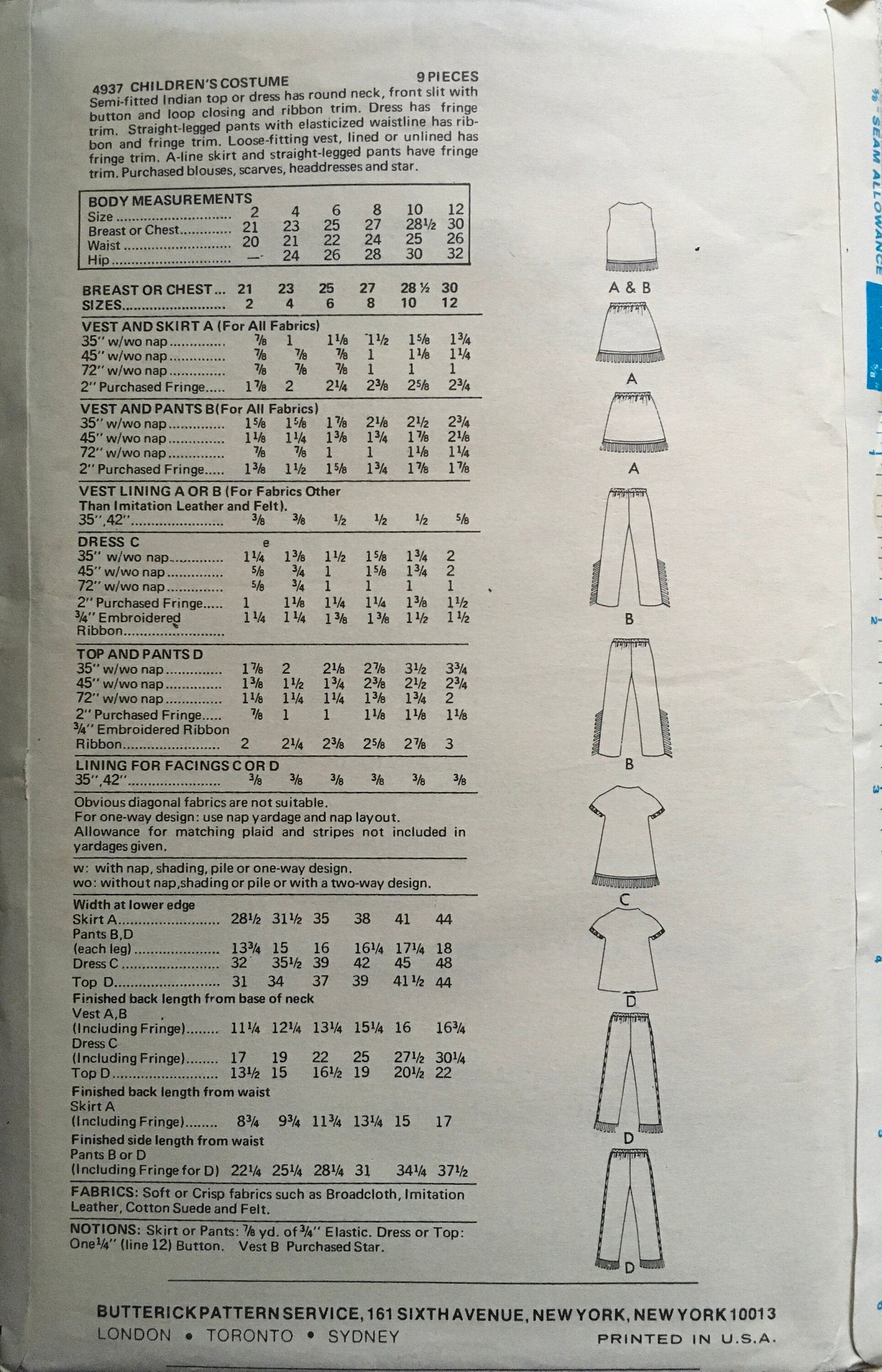 Butterick 4937 Sewing Pattern (Vintage) CUT