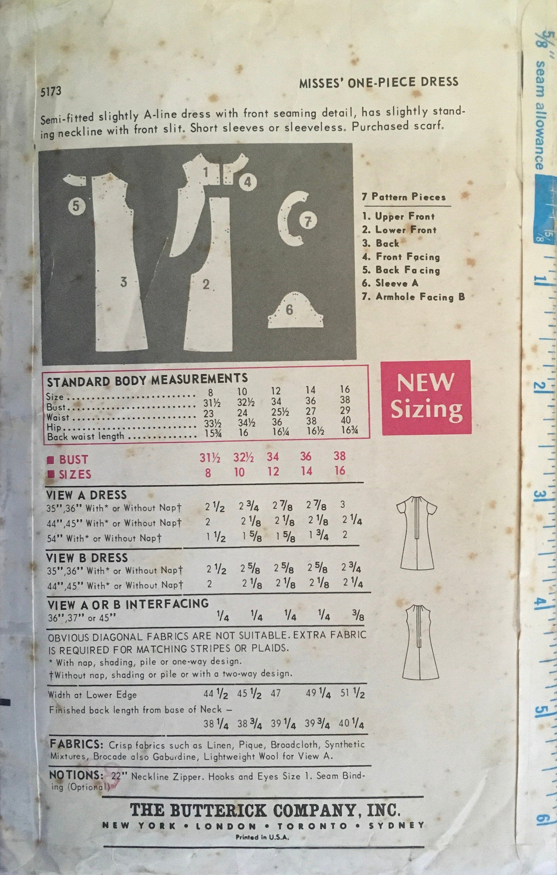 Butterick 5173 Sewing Pattern (Vintage) CUT