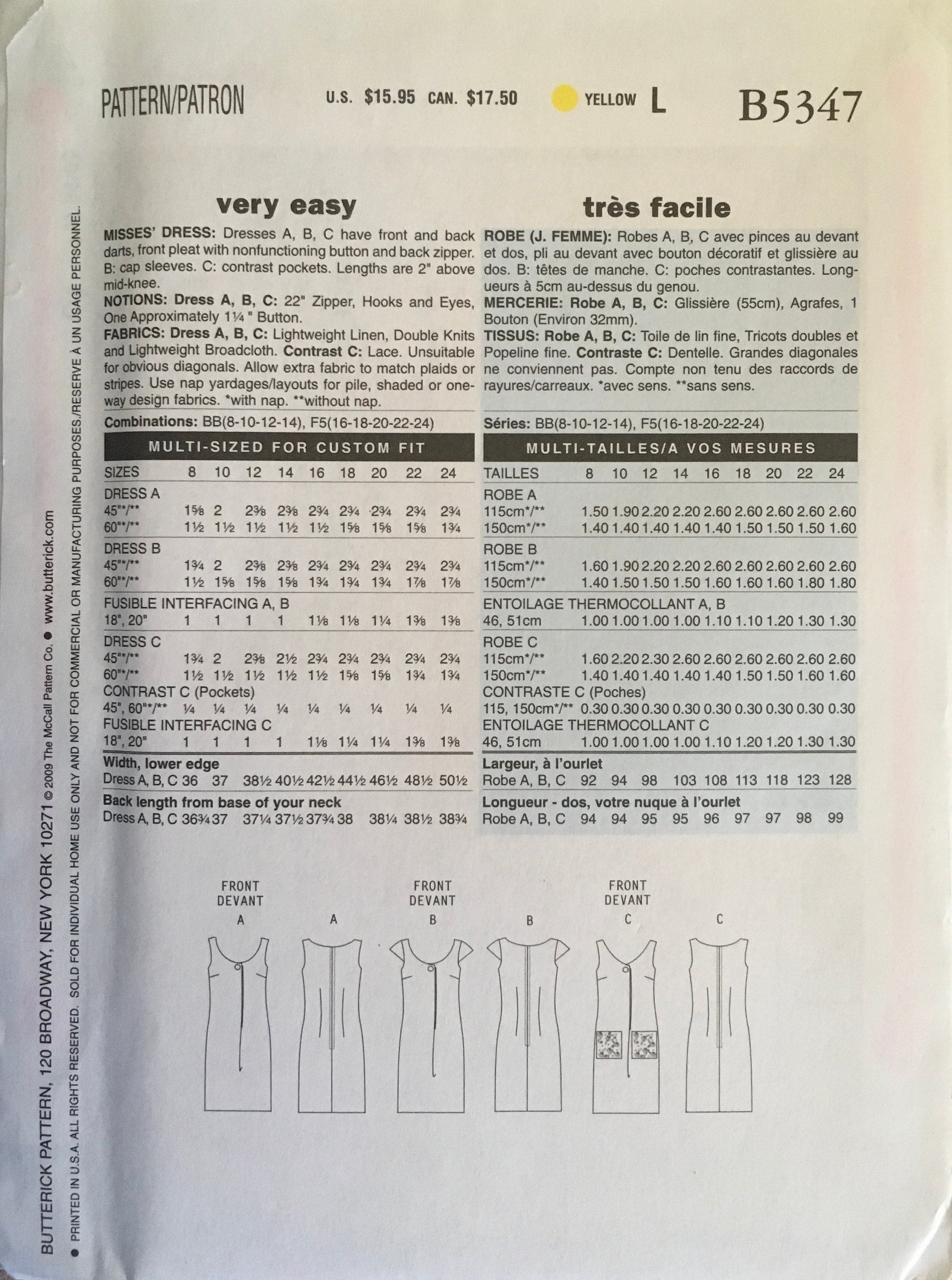Butterick 5347 Sewing Pattern (Vintage) UNCUT