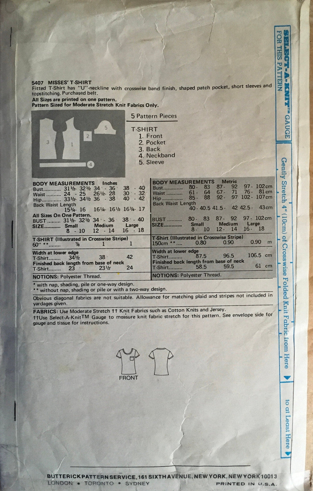 Butterick 5407 Sewing Pattern (Vintage) CUT