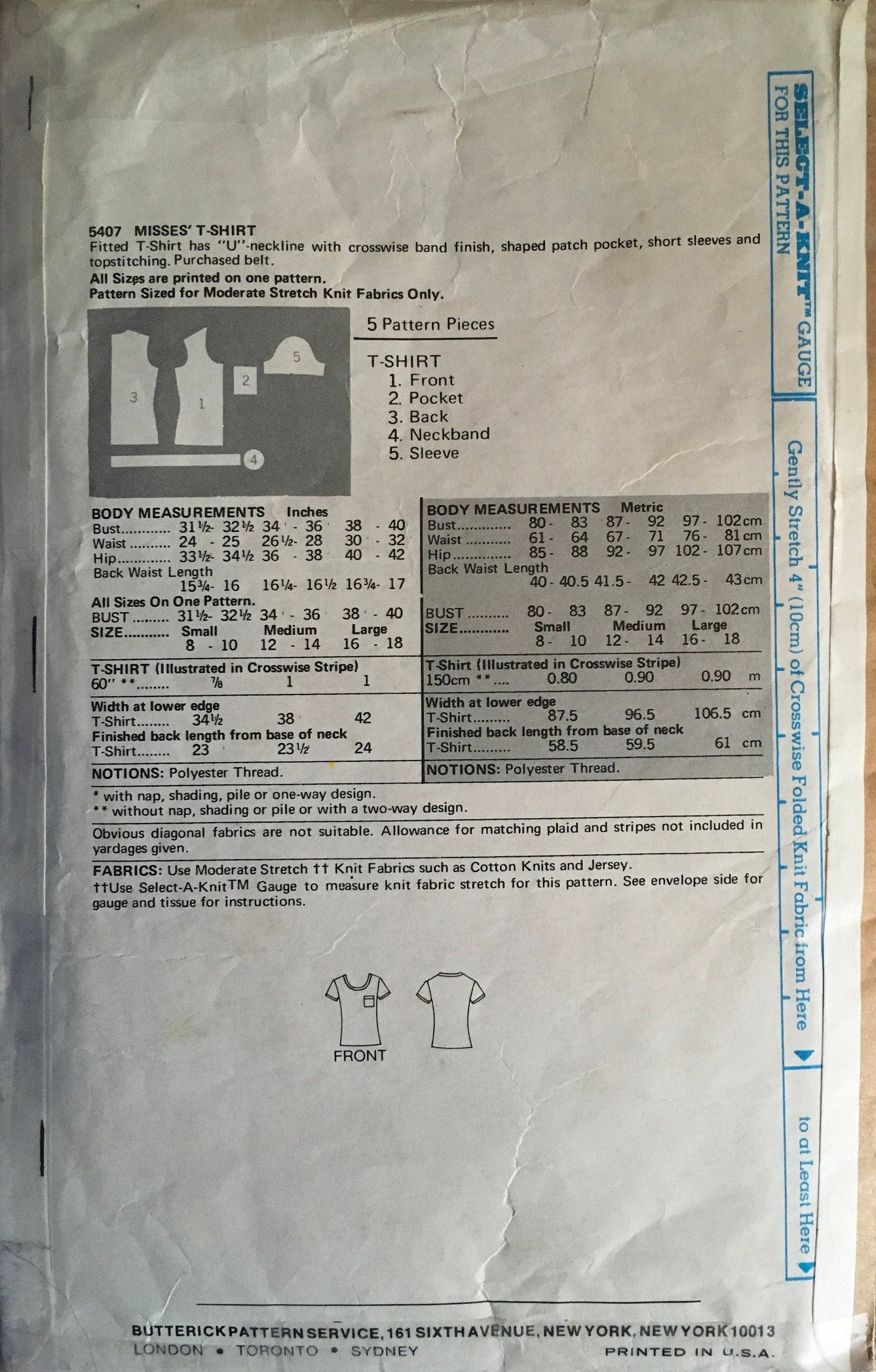 Butterick 5407 Sewing Pattern (Vintage) CUT