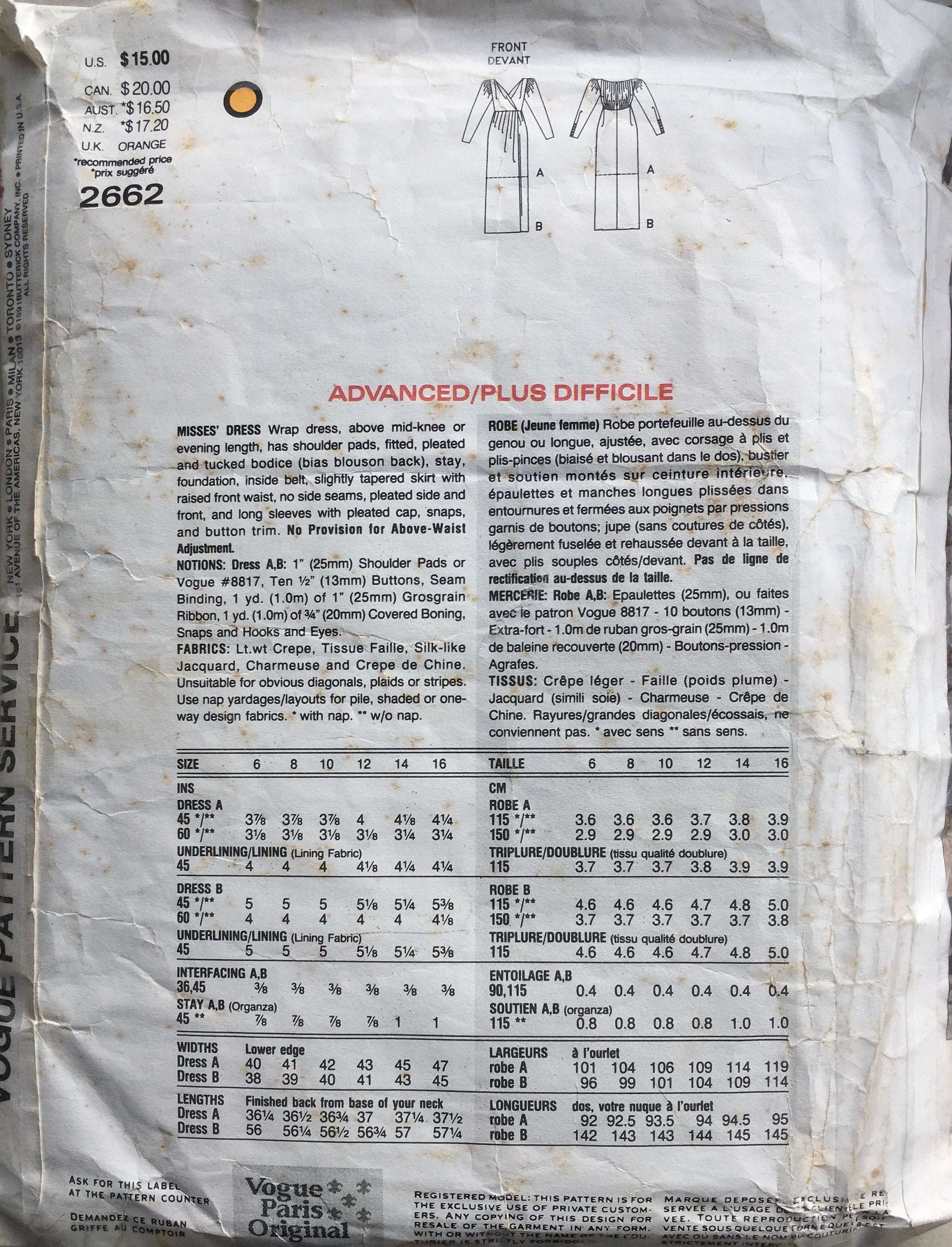 Vogue 2662 Sewing Pattern (Vintage) CUT