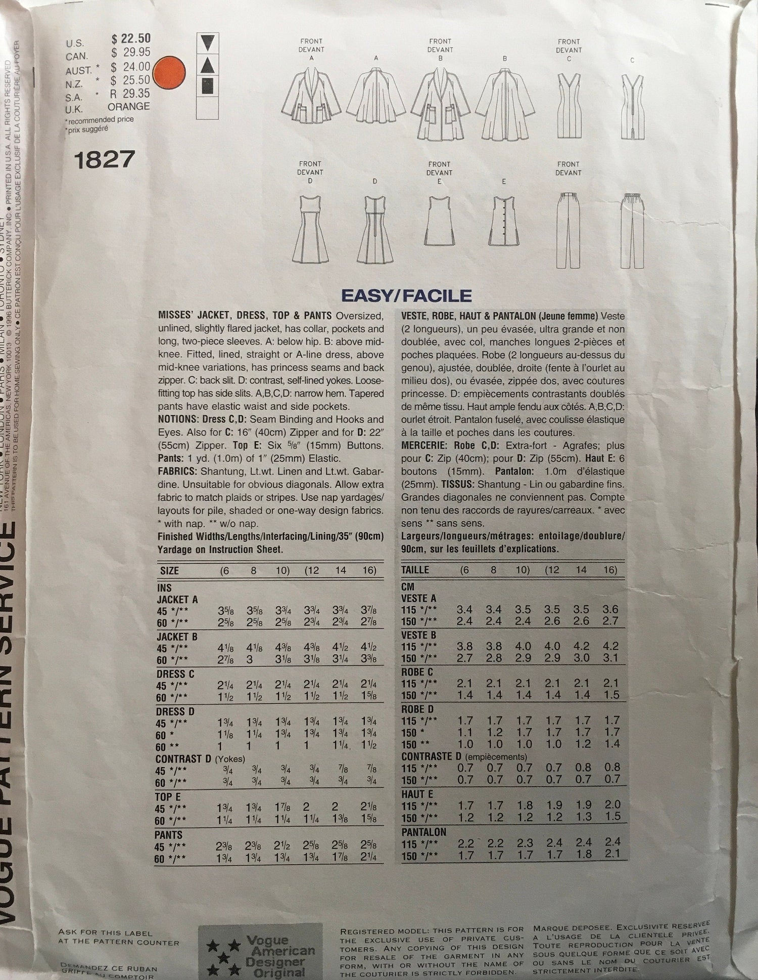 Vogue 1827 Sewing Pattern (Vintage) UNCUT