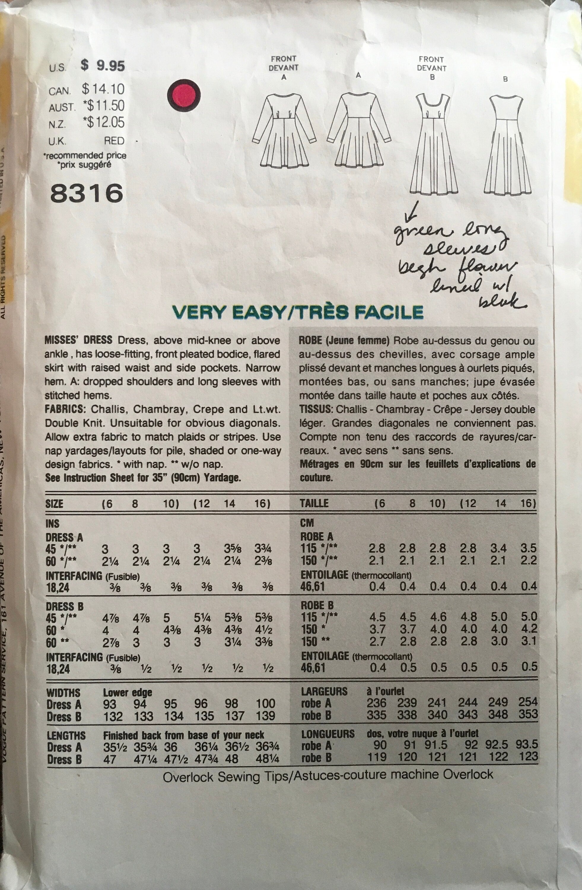 Vogue 8316 Sewing Pattern (Vintage) CUT