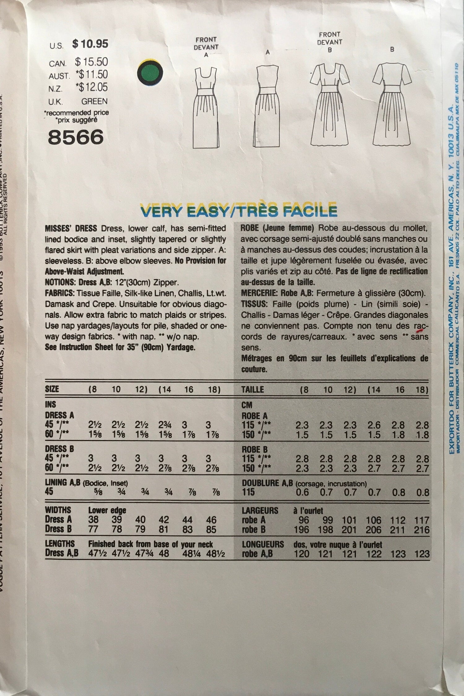 Vogue 8566 Sewing Pattern (Vintage) CUT