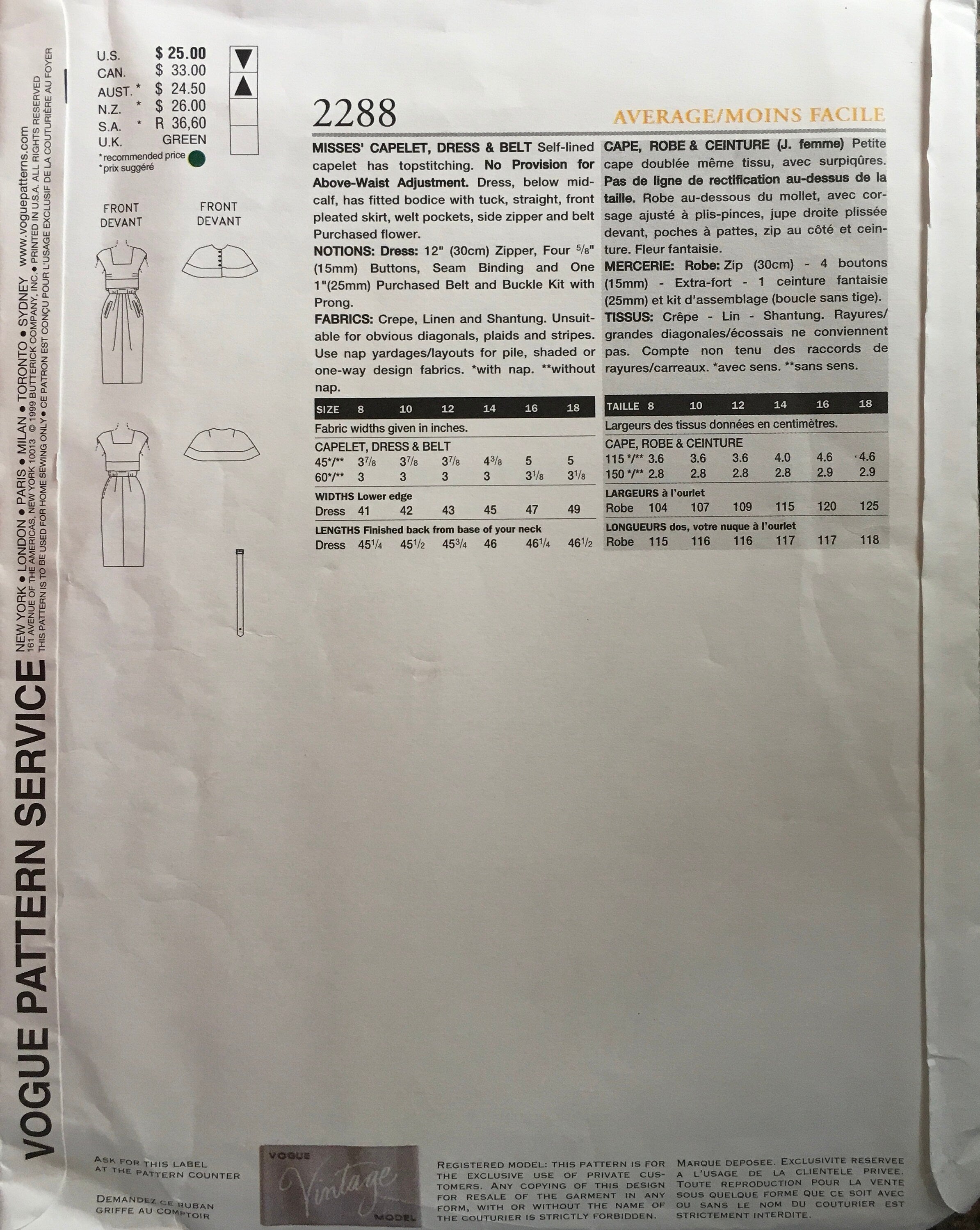 Vogue 2288 Sewing Pattern (Vintage) UNCUT