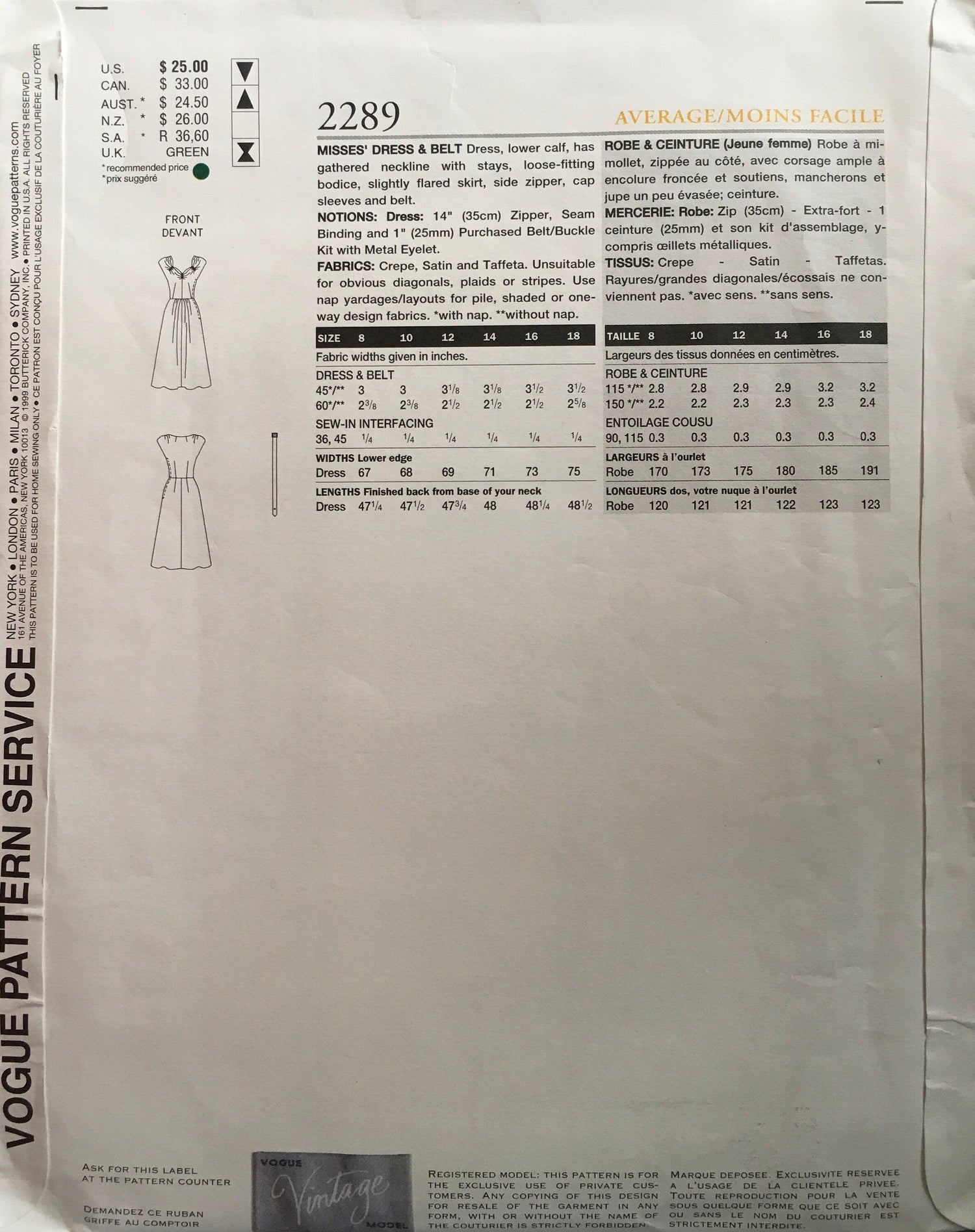 Vogue 2289 Sewing Pattern (Vintage) UNCUT