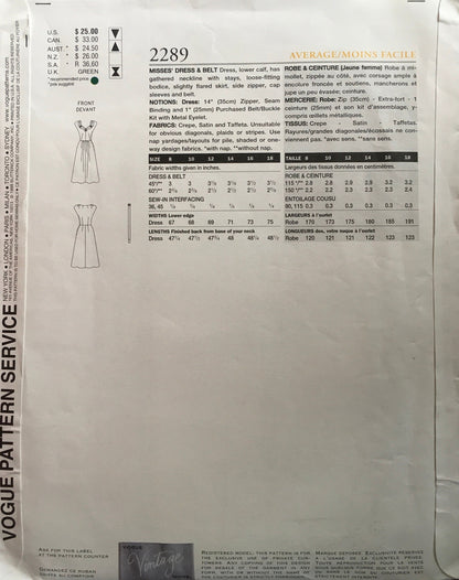 Vogue 2289 Sewing Pattern (Vintage) UNCUT