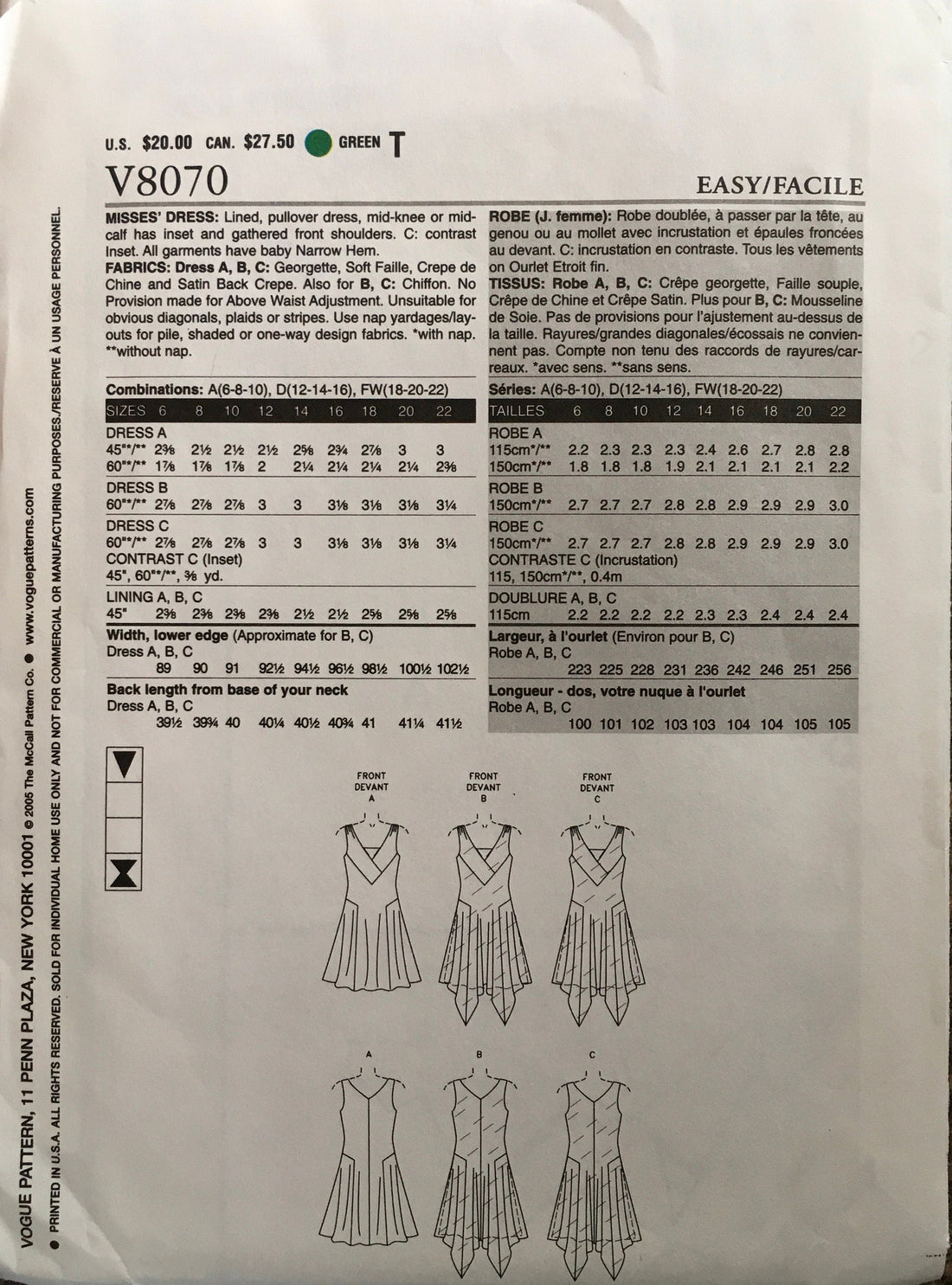 Vogue 8070 Sewing Pattern (Vintage) UNCUT