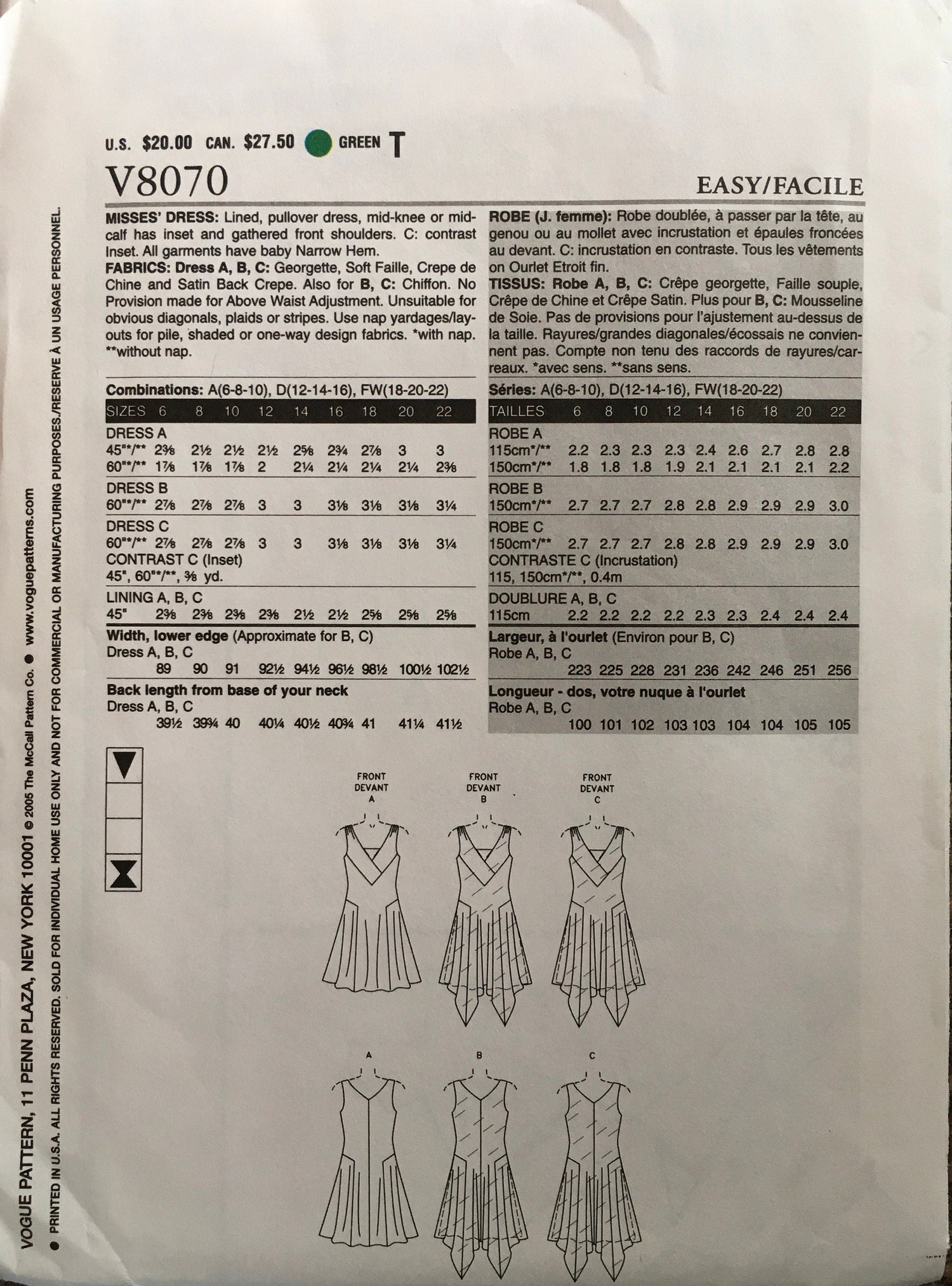 Vogue 8070 Sewing Pattern (Vintage) UNCUT